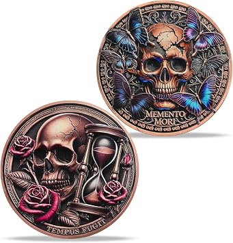 Imasoner Memento Mori Skull Coin   Tempus Fugit Hourglass & Butterfly Token   Life & Death Philosophy Challenge Coin   Stoic Reminder to Cherish Time   Gothic Gift for Men & Women