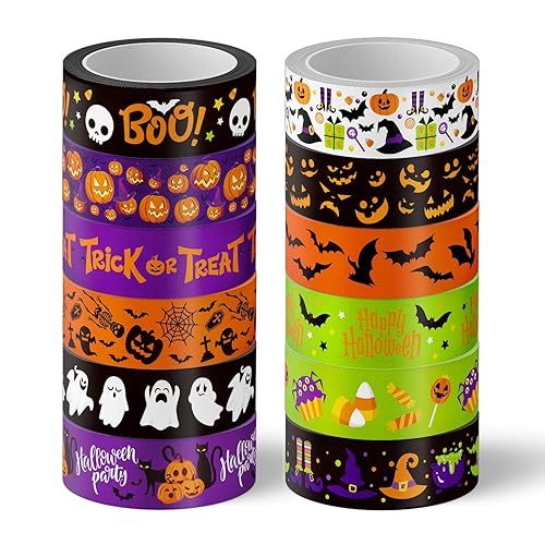 Miniatura 8 de Whaline 12 rollos de cinta Washi de Halloween, naranja y negro, calabaza, araña, murciélago, bruja, sombrero de bruja, cinta adhesiva de 0.591 in,