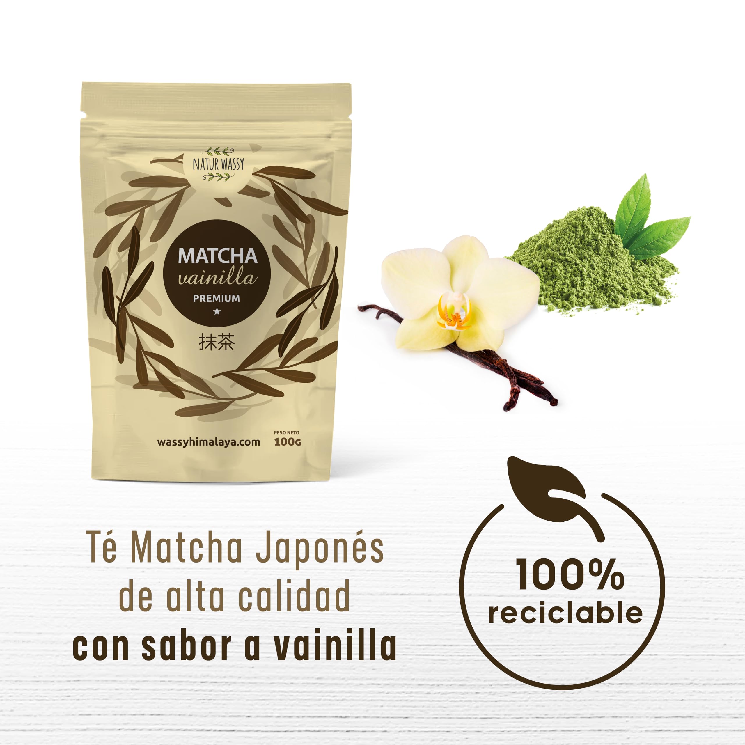 NATUR WASSY Te Matcha VAINILLA, Grado PREMIUM, En Polvo. 100% Natural. 100Gr De Te Verde Matcha Sabor a Vainilla, Potente Detox Y Antioxidante. 100 Dosis