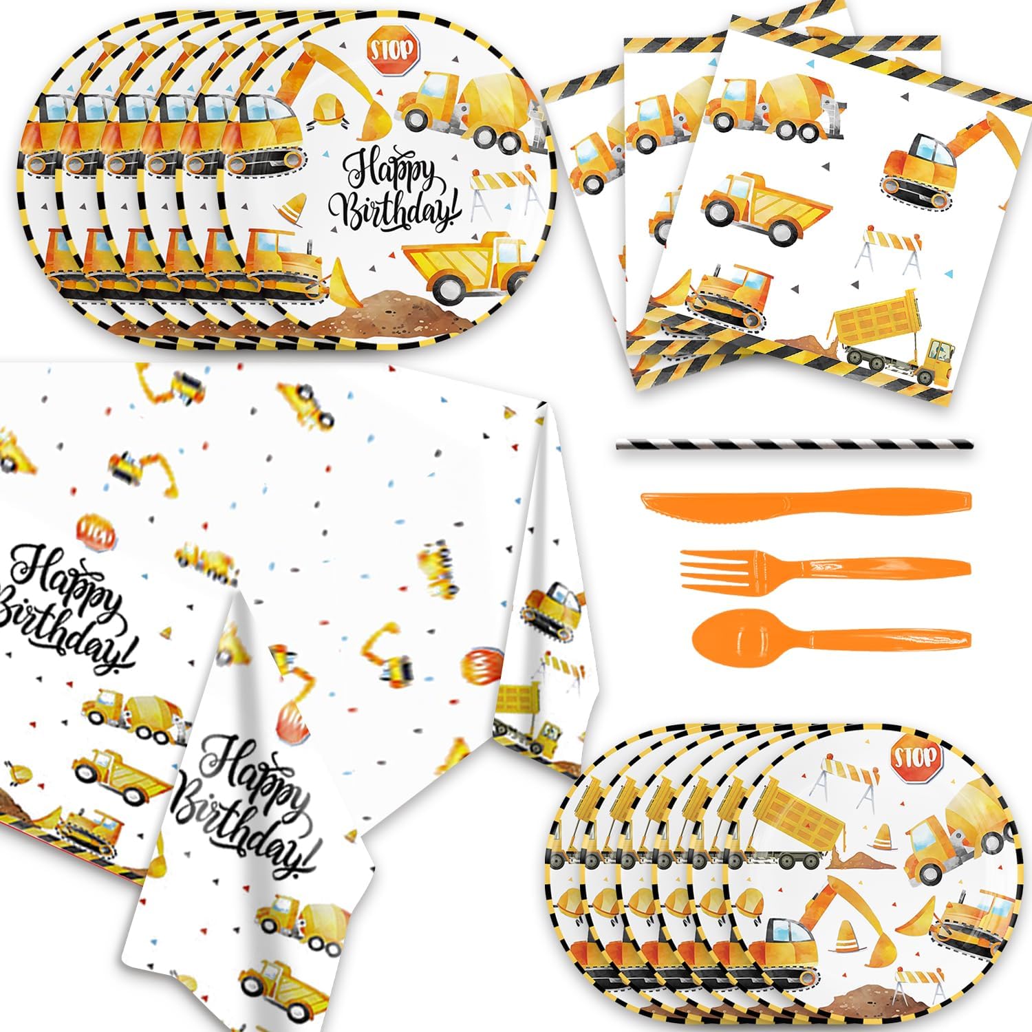 141Pcs Construction Birthday Party Supplies for 20 Guests - Construction Party Plates and Napkins Knives Forks Spoons Straws for Baby Shower Excavator Theme Birthday Decorations