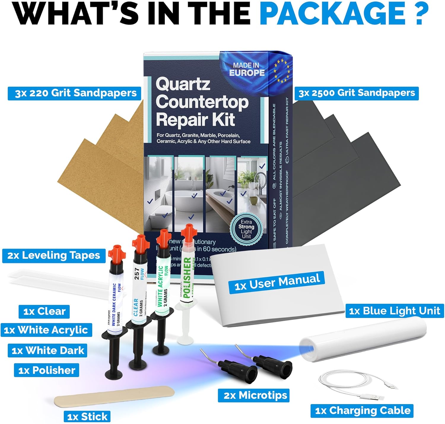 Quartz Countertop Repair Kit DIY (Clear, White Acrylic & Dark White Color) - Fix Your Defect Like a Pro I Suitable for Most Repairs I Fix Broken Chips in Minutes - Image 9