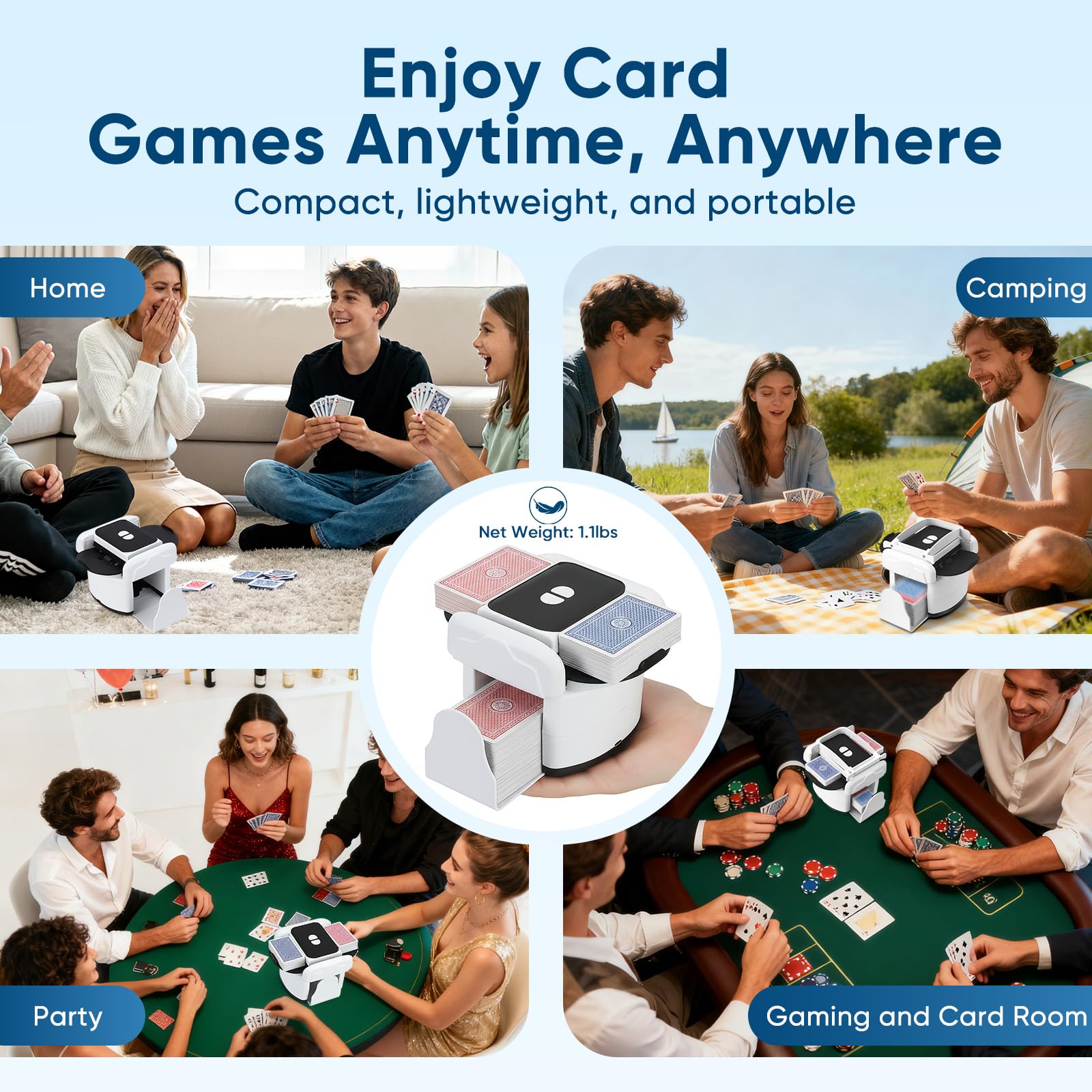Mescolatore automatico di carte per 1–4 giochi di carte, ricaricabile, 2 modalità di miscelazione, compatibile con carte da poker, bridge, UNO e Phase 10 (Bianco)