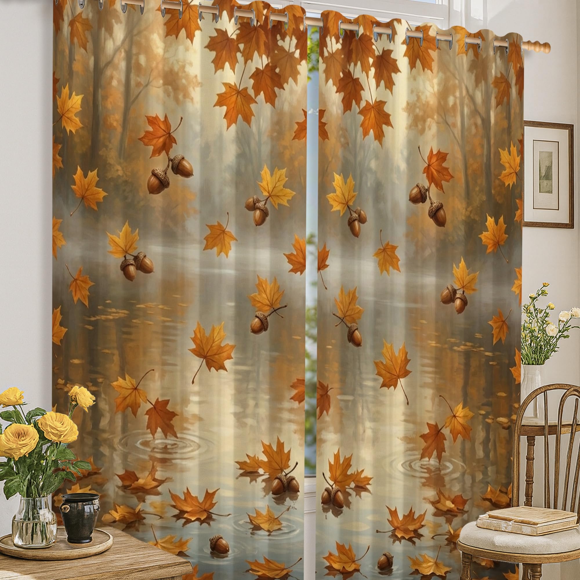 Rideaux occultants isolants pour stopper la chaleur du salon motif feuilles d'érable