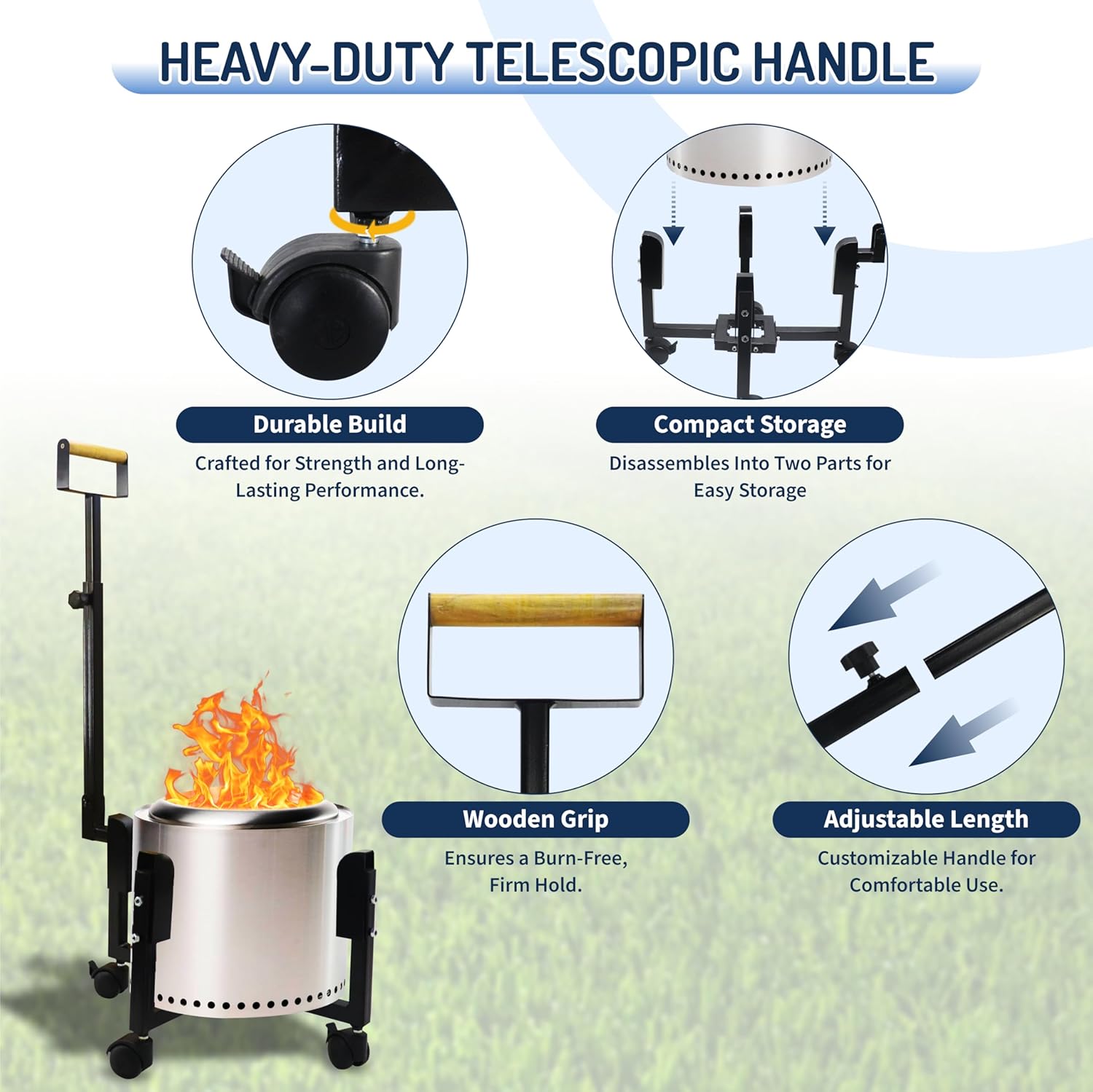 FEBTECH - 17.5" Portable Firepit Trolley Stand with Telescopic Handle – Firepit Stand for 15.5" Smokeless Firepit - Features Support Arm, Caster Wheels for Easy Mobility