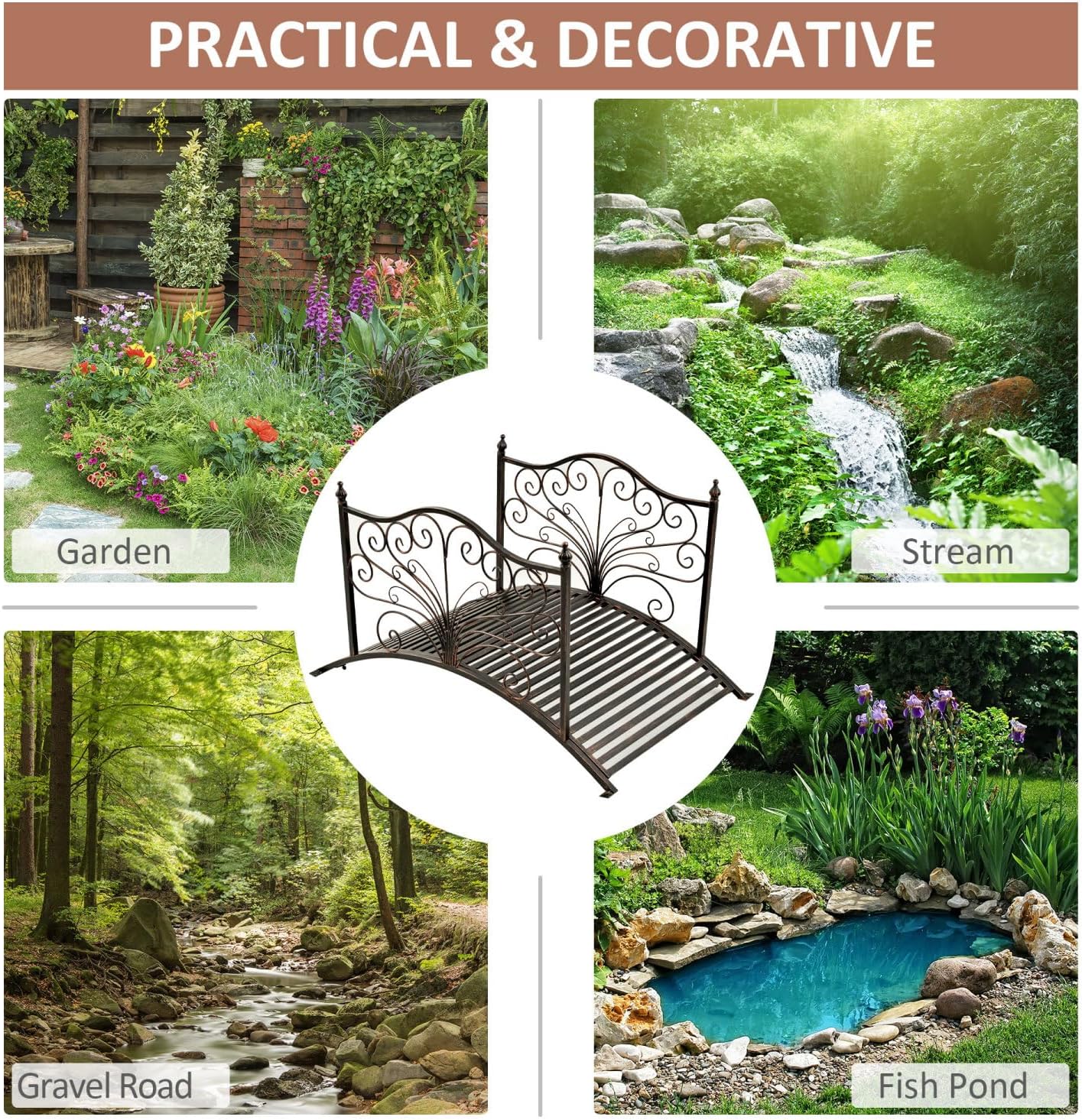 4’ Metal Arch Backyard Garden Bridge with Safety Siderails, Delicate Scrollwork, & Easy Assembly, Black Bronze