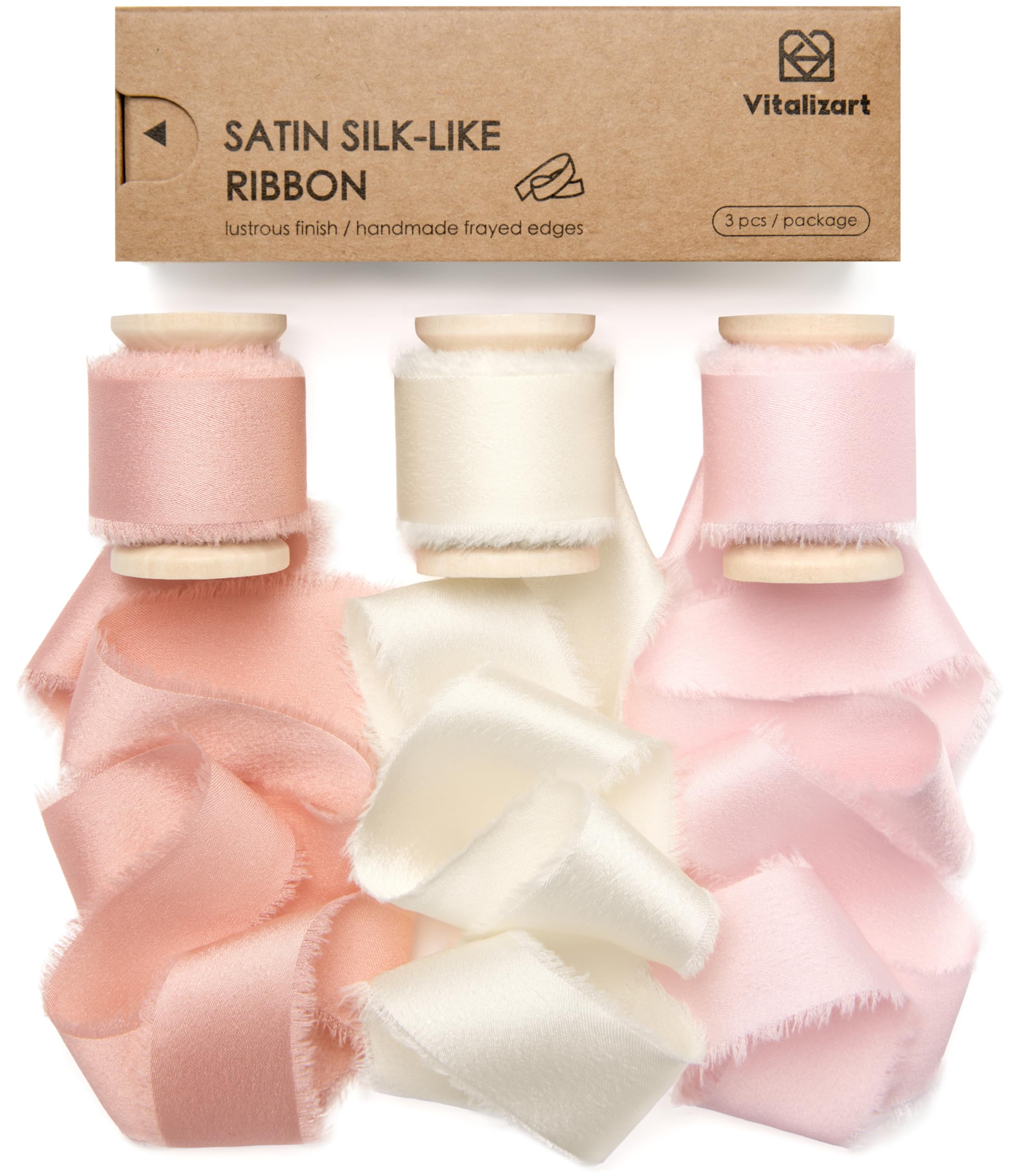 Vitalizart Silk Satin Ribbon 1" x 15 Yds Wooden Spool Pink &amp; Ivory