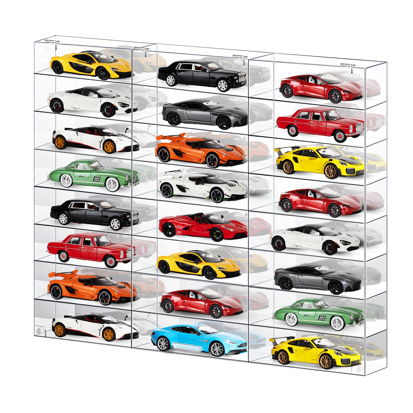 Photo 1 of 1:24 Scale Diecast Toy Car Display Case - Mirorr Background with 24 Compartments - Clear Acrylic Wall Mounted Storage Showcase