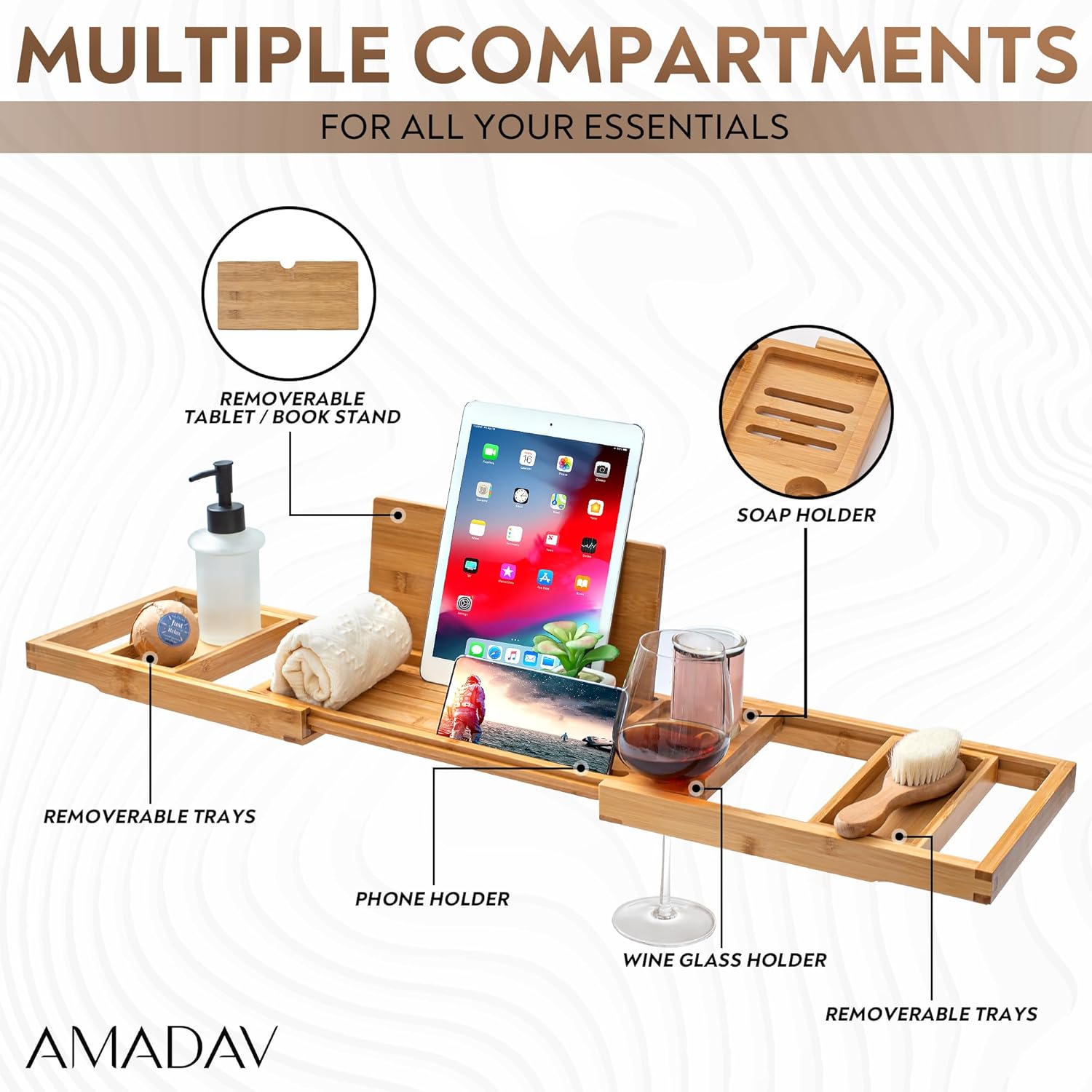 Bathtub Expandable Tray Caddy - Holds Phone, Tablet, Soap with Sturdy Natural Bamboo. Spacious 8x34 Fits Any Tub. Wine Glass Holder & Bottomless Bath Overflow Drain