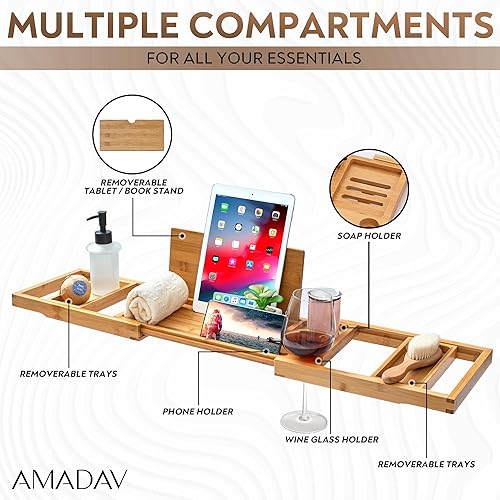 Miniatura 4 de AMADAV Bandeja extensible para bañera, para teléfono, tableta, jabón con bambú natural resistente. Amplio 8 x 34 pulgadas para cualquier bañera.