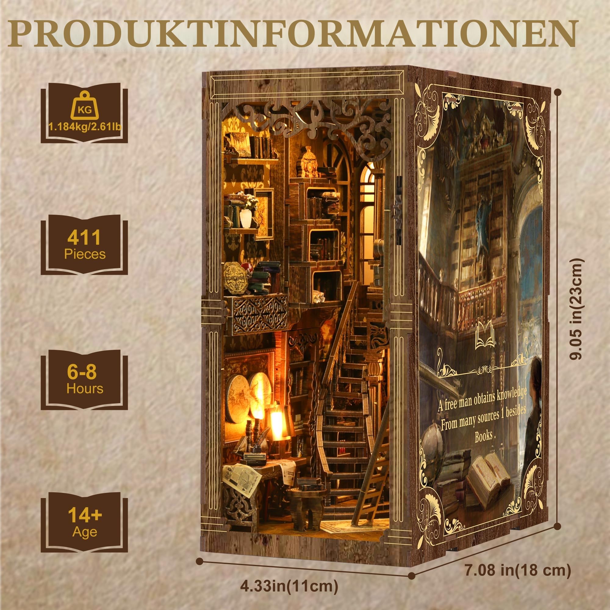 Book Nook Kit für Erwachsene - CRIOLPO DIY Miniatur Haus Holzpuzzle 3D Puppenhaus - Buchstütze für Bücherregal Deko mit Led Licht Kreatives Geschenk für Leser