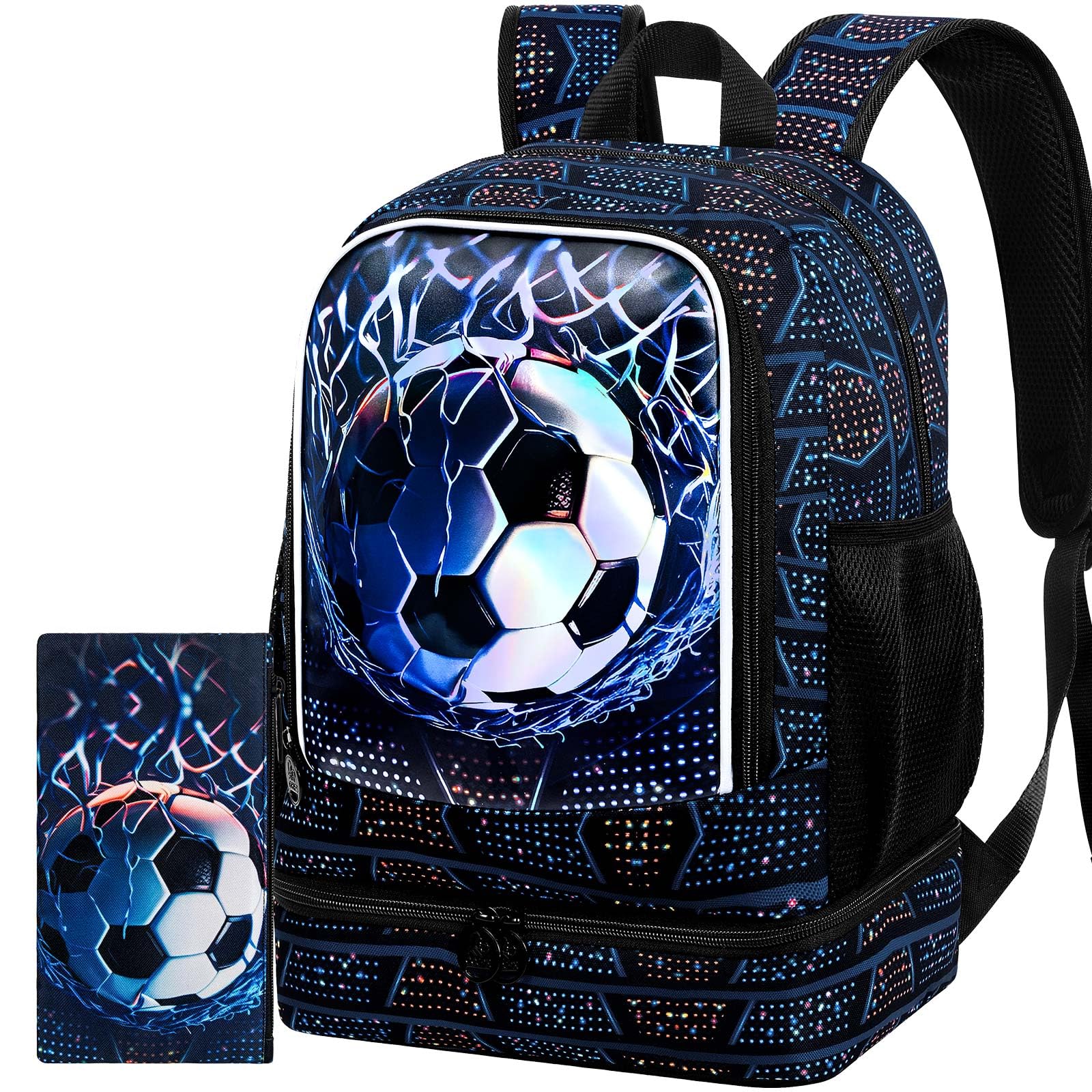 2-in-1 Soccer Backpack for School, Boys Bookbag with Lunch Box, 17" Kids Backpacks Set for Elementary Preschool Kindergarten (Blue)