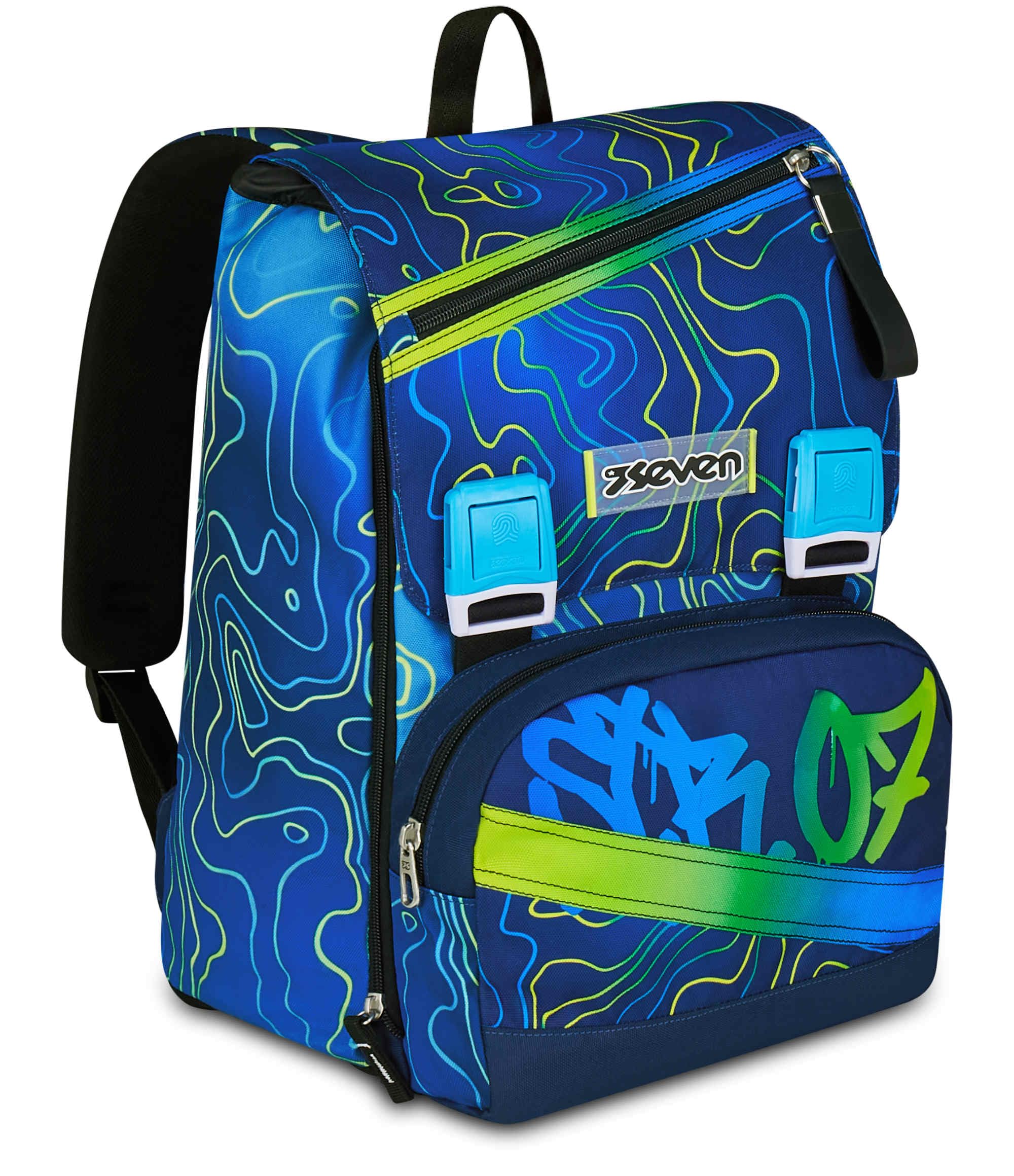 Seven Zaino Doppio Scomparto Estensibile Seven, Blu, Schienale Preformato, Bambino Scuola + Astuccio 3 Zip, Completo di Matite, Pennarelli, Colori, Elementari, Medie, Superiori,