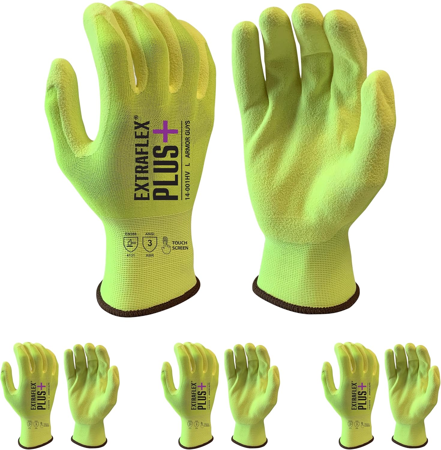 Armor Guys Extraflex Plus Protective Work Gloves – Hi Vis Nylon Liner, Nitrile Palm Coating – Touchscreen Compatible – Abrasion Resistant Gloves – Size M 3PK