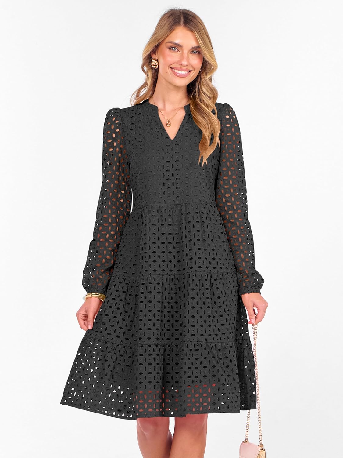 ANRABESS Womens Long Sleeve V Neck Midi Dresses Hollow Out Eyelet Casual Tiered 2025 Fall Beach Vacation Dress with Pockets - Image 2