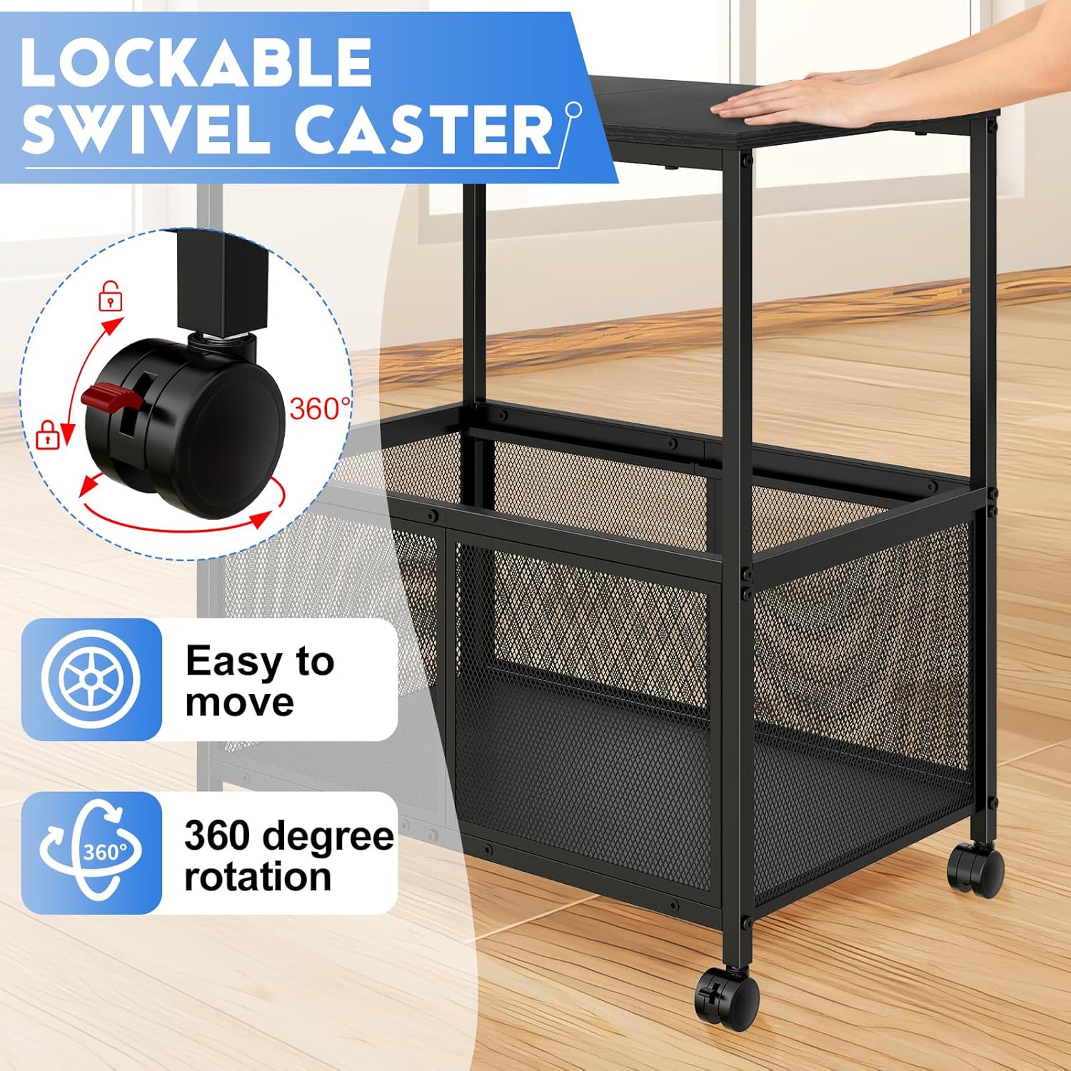 Lateral File Cabinets Rolling File Cart, Mobile Hanging File Cabinet with Wheels, Printer Stand File Organizer File Cabinet for Home Office, Black