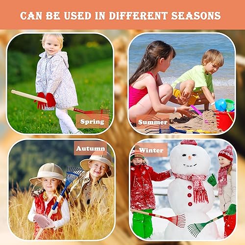 Miniatura 6 de Juego de 4 rastrillos para niños con mango de madera dura, rastrillo de metal para jardín con 4 pares de guantes para herramientas de hojas de jardín