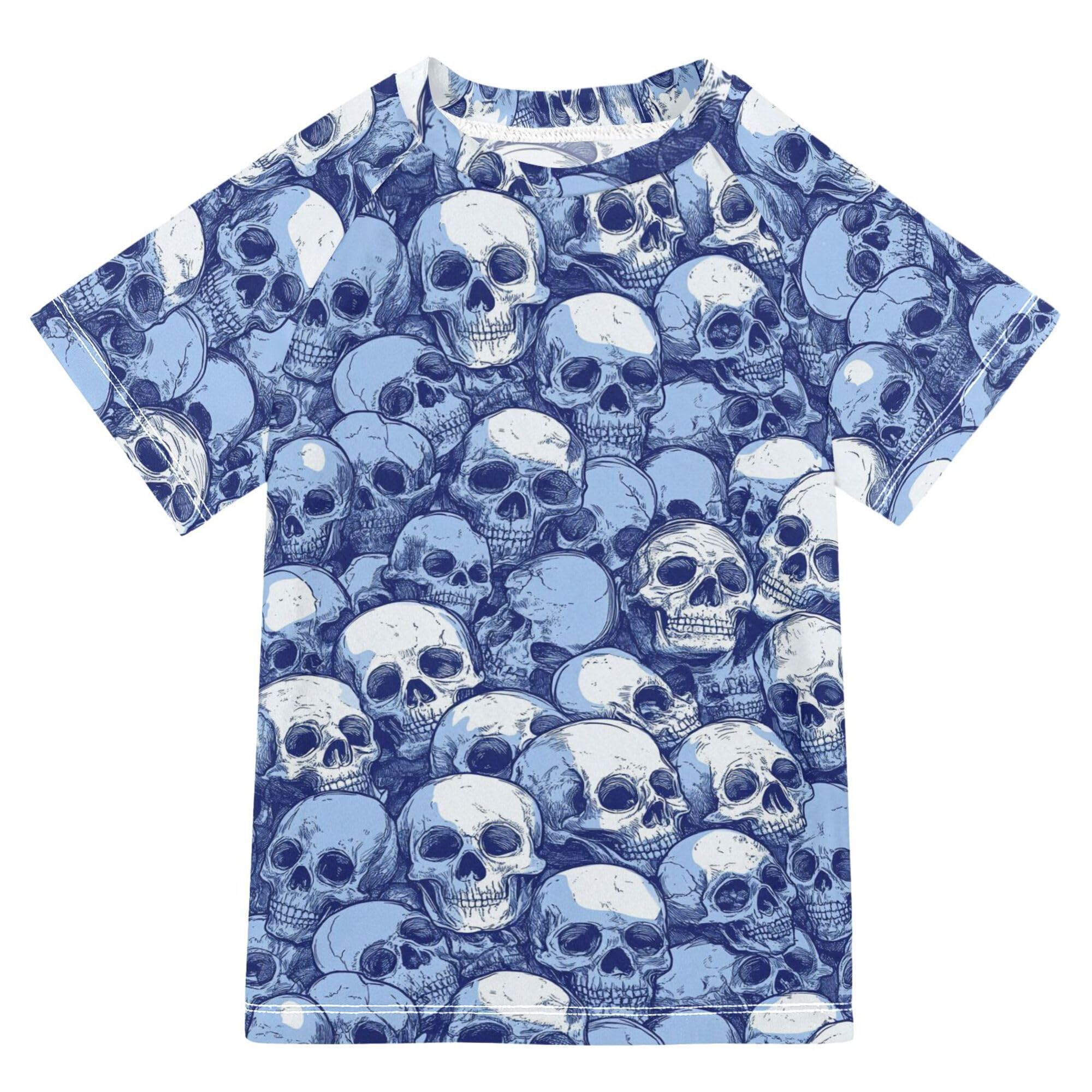 Funny Skull Blue Bathing Suit Girls UV Protection Teen Rash Guard Swimsuit Swimwears Athletic Tops for Youth Boys 7-8Y