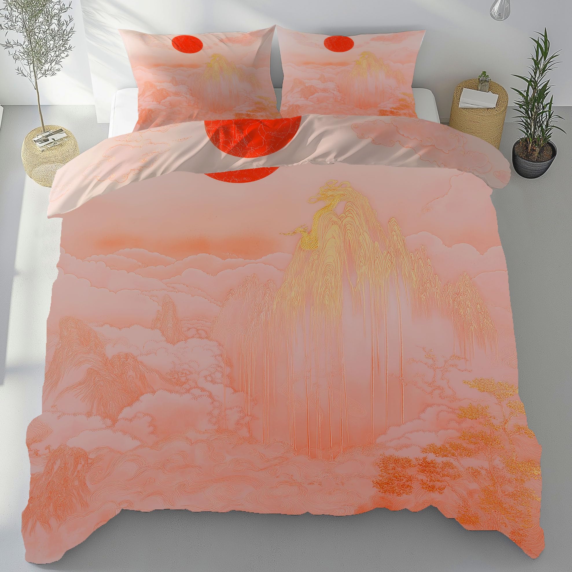 Housse de couette rose or style chinois en microfibre premium pour lit 1 personne