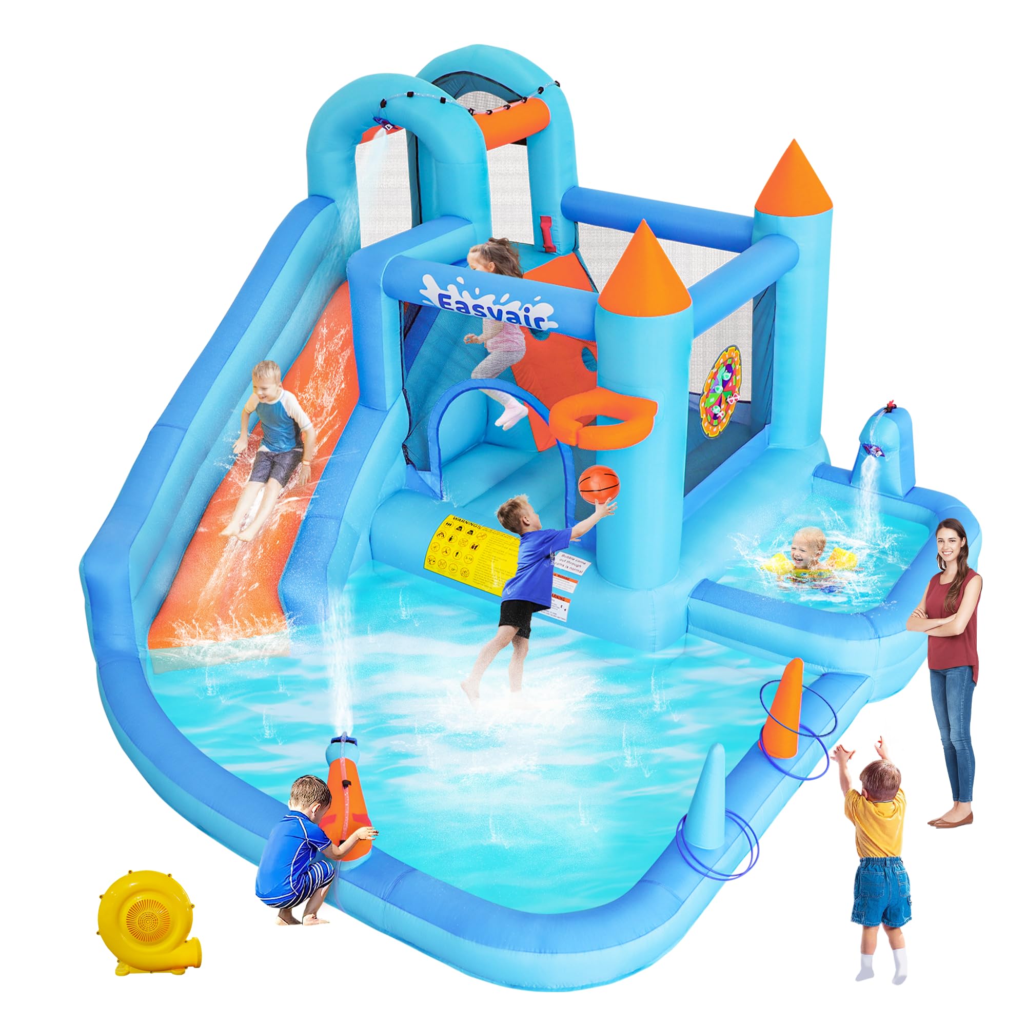Photo 1 of Easyair Inflatable Bounce House Water Slide for Kids, 138 x 121 x 82 Inch Bouncy Castle with Deep Pool, Rings, Climbing Wall, Splash Pool, Target Balls, Basketball Hoop, Blower Included