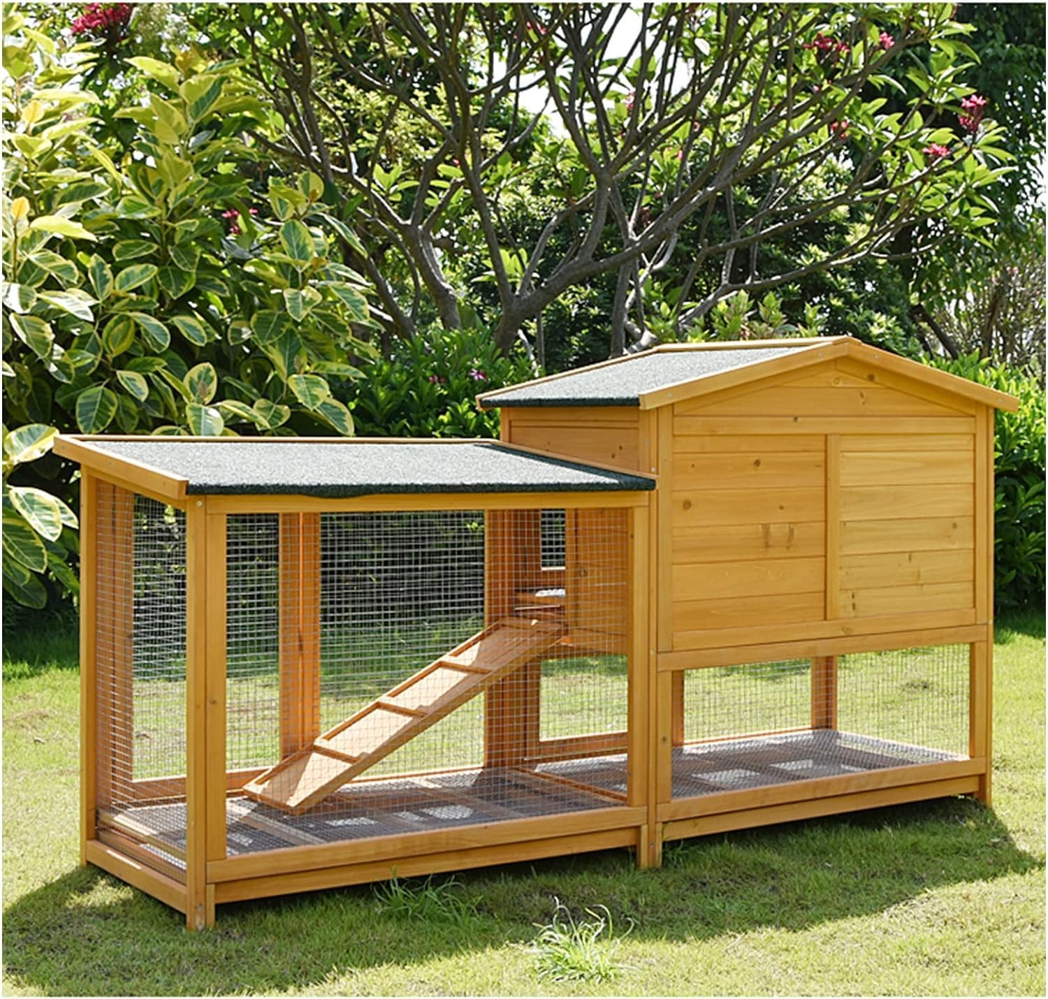 Kattenhuis van twee verdiepingen, huisdiervilla met uittrekbaar dienblad, binnen- en buitenkooi voor hond/kat/konijn/kip, dierenhok