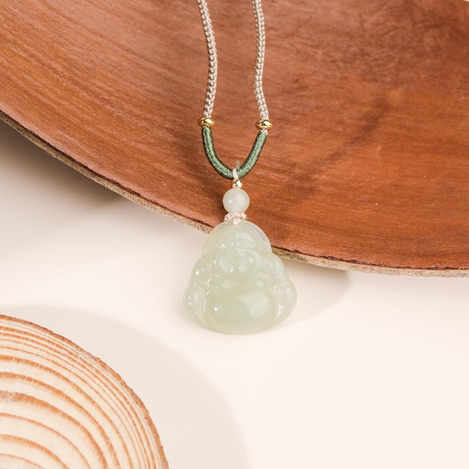 Natural Hetian Jade Happy Laughing Buddha Pendant Necklace for Women, Green Vintage Lucky Buddha Necklace Jewelry Gift Green Jade necklace Jewelry for Women Men