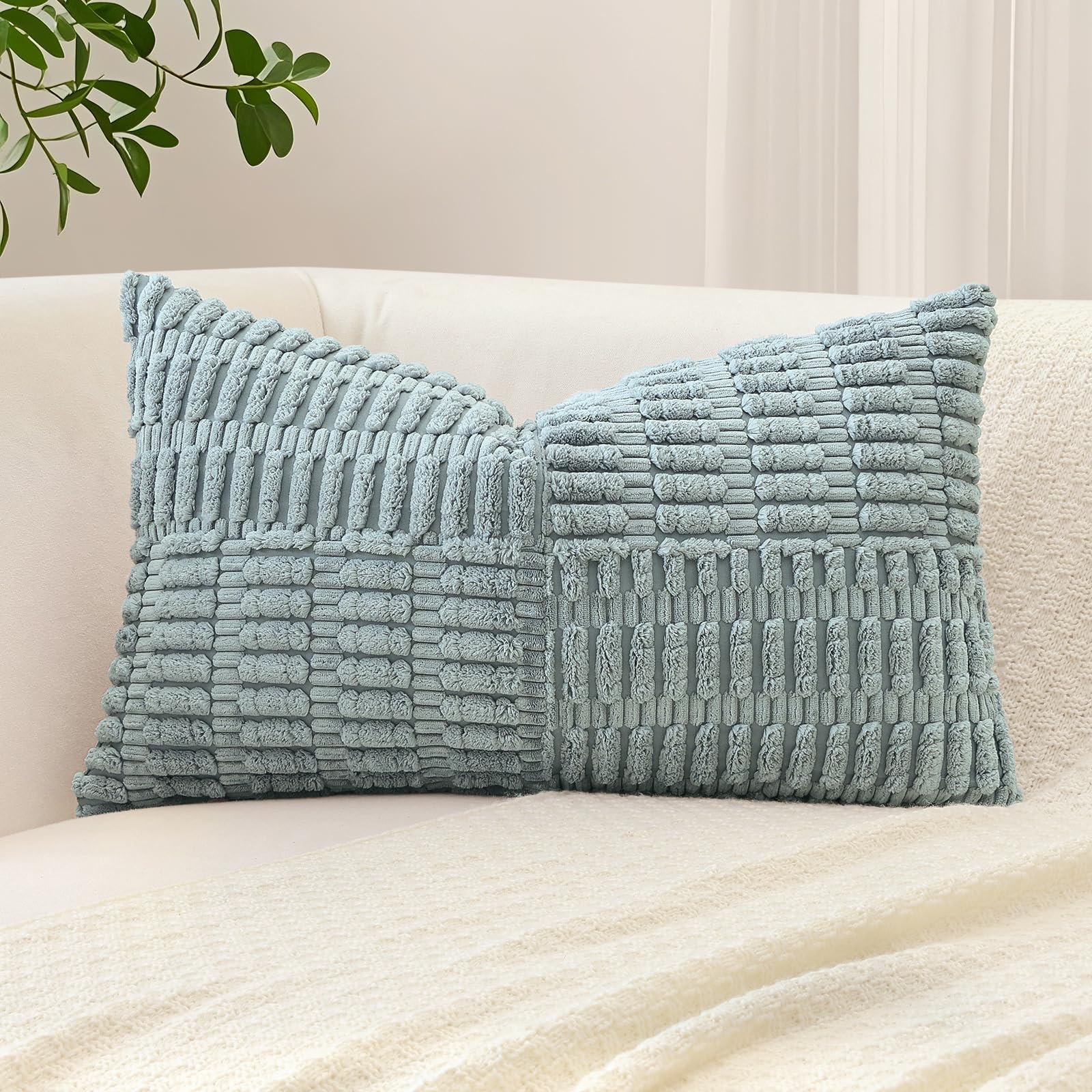 Sungeek Set of 1 Decorative Cushion Cover 30 x 50cm Soft Corduroy Striped Cross Patchwork Textured Pillow Case Boho Farmhouse Lumbar Throw Pillow Cover for Sofa Bed Patio 12x20 Inch, Grey