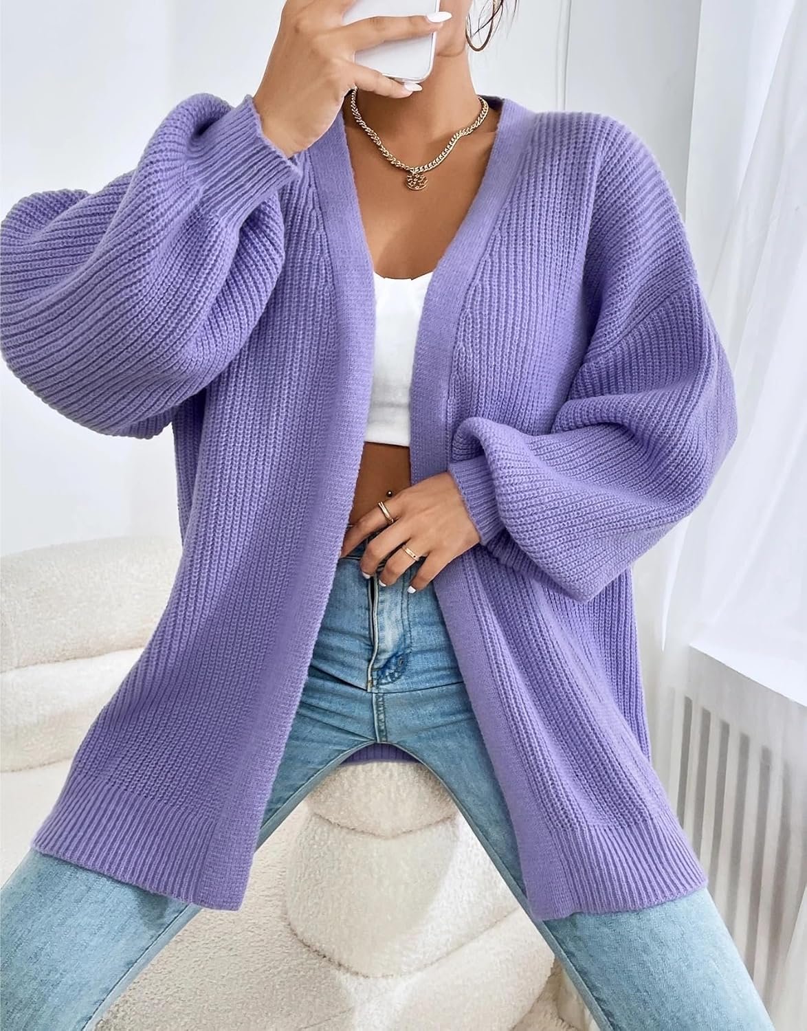 Women's Trench Coat Casual Bishop Sleeve Drop Shoulder Ribbed Knit Cardigan Long Sleeve Classic Overcoat