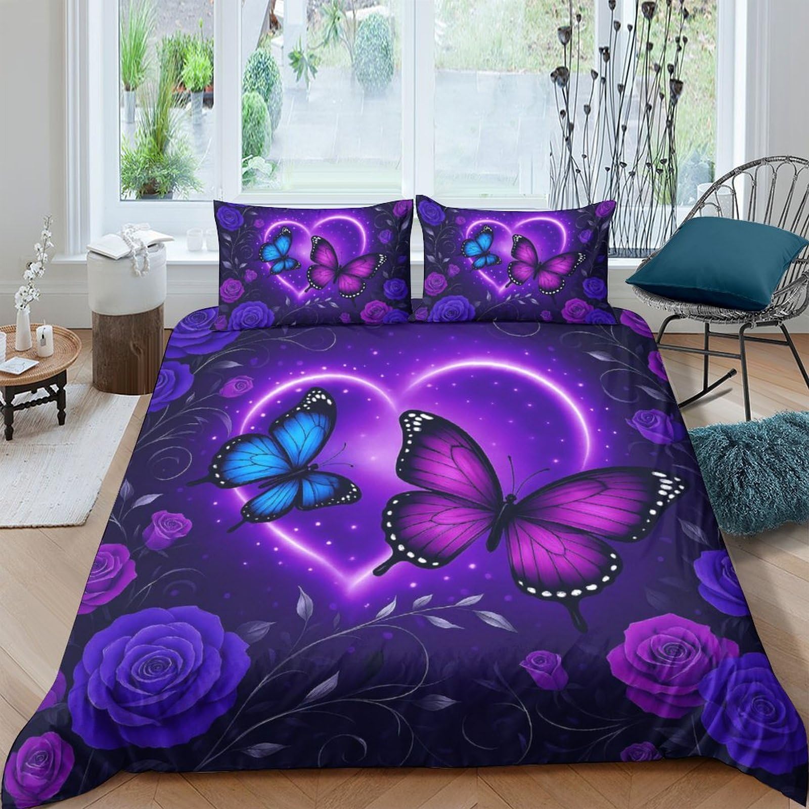 Ctjqhvkz Style-9 3D Printed Purple Heart Butterfly Fitted Sheet Microfiber Soft Bedroom Decor Rose Mattress Cover For Adult Teen Single（135X200cm）
