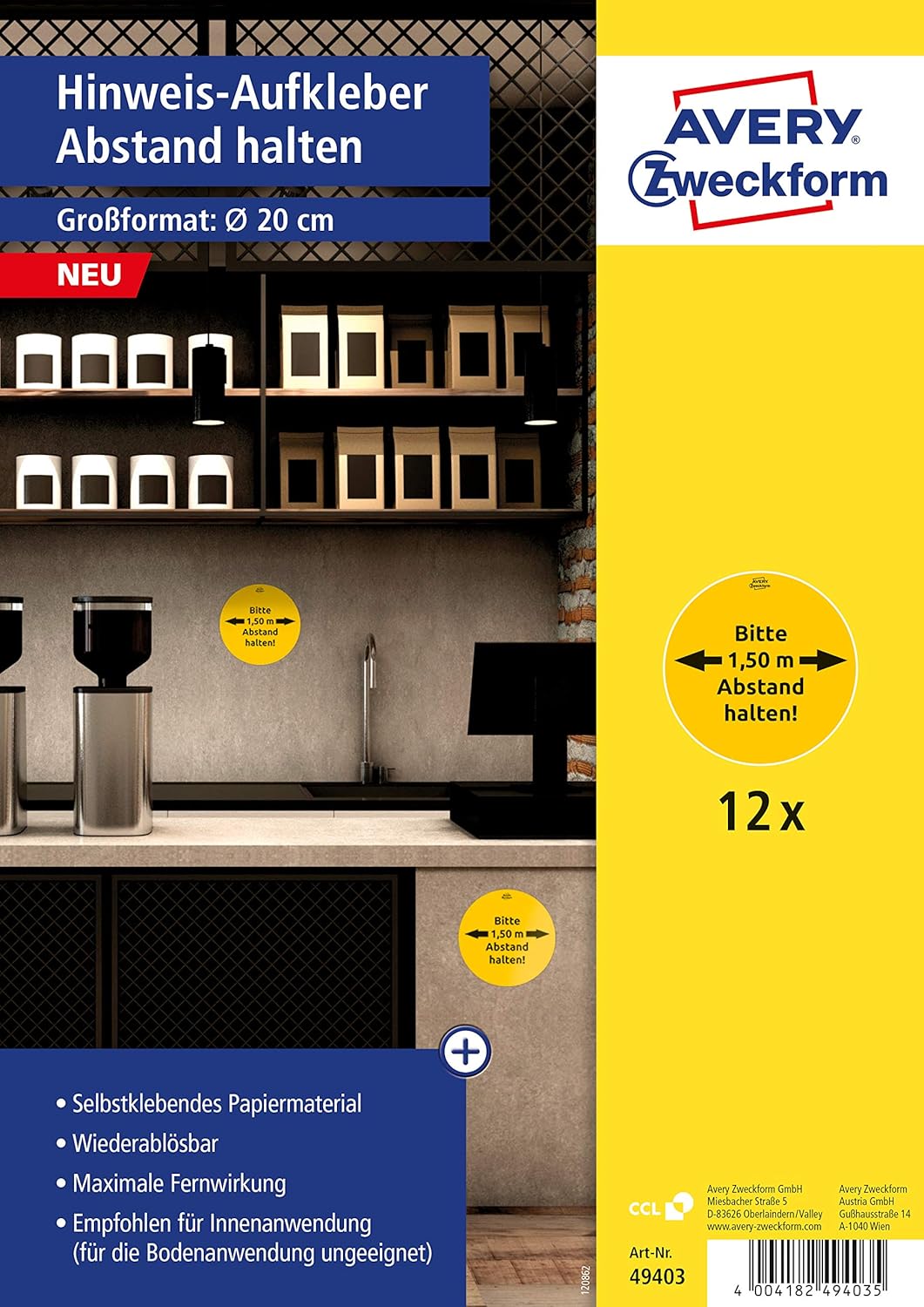 Avery 49403 Purpose Form Keep Distance Note Stickers (12 Removable Paper Stickers, Diameter 20 cm, Pre-Printed on DIN A4, Self-Adhesive, Durable Indoor Paper Stickers) Yellow