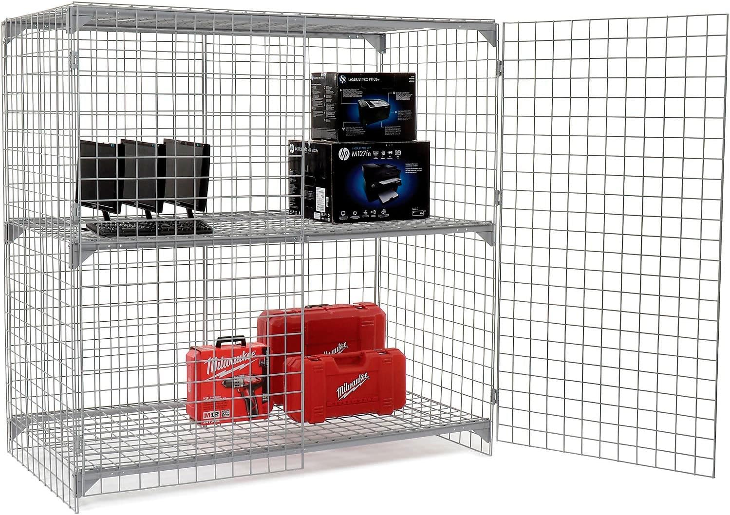 Global Industrial Commercial 1-Tier 2 Door Wire Mesh Security Locker, 72" W x 36" D x 72" H, Gray, Unassembled, Industrial Wide-Span Security Cage, Bulk Storage Locker