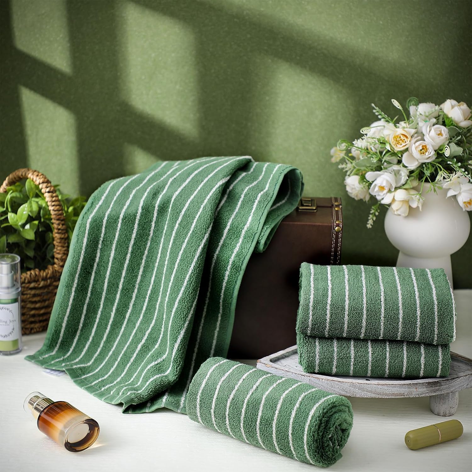 4pcs Green Hand Towels for Bathroom Striped 14 x 29 Inch Hand Towels 100% Cotton Soft Absorbent Bath Decorative for Bathroom Kitchen Spa Workout Festival Gift - Image 3