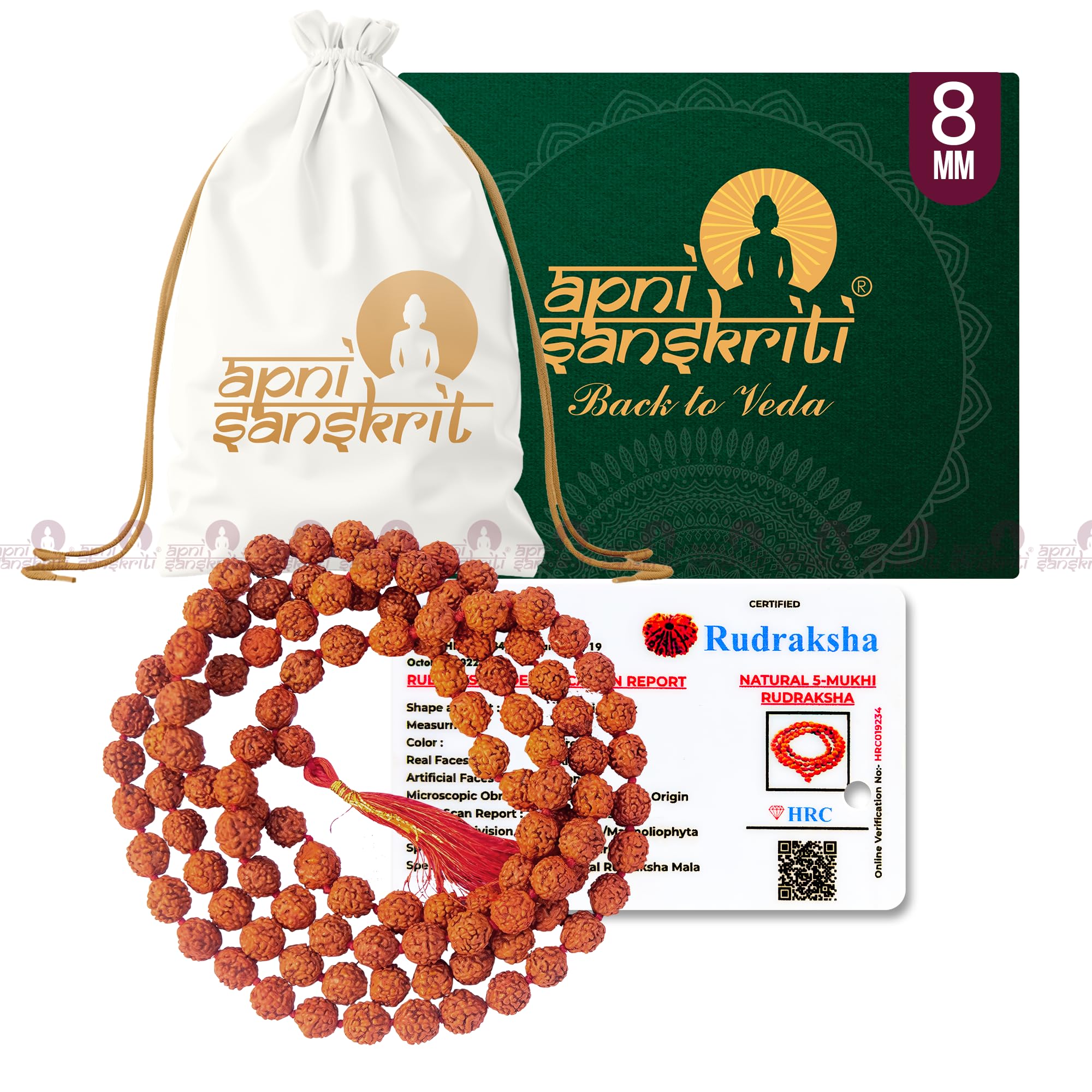 Apnisanskriti 5 Mukhi Rudraksha Mala for Jaap and Men/Women Wearing (8 mm, Large Bead Size, 108+1 Beads, Lab Certified) - Natural Brown Rudraksha Beads - Pack of 1-image-35