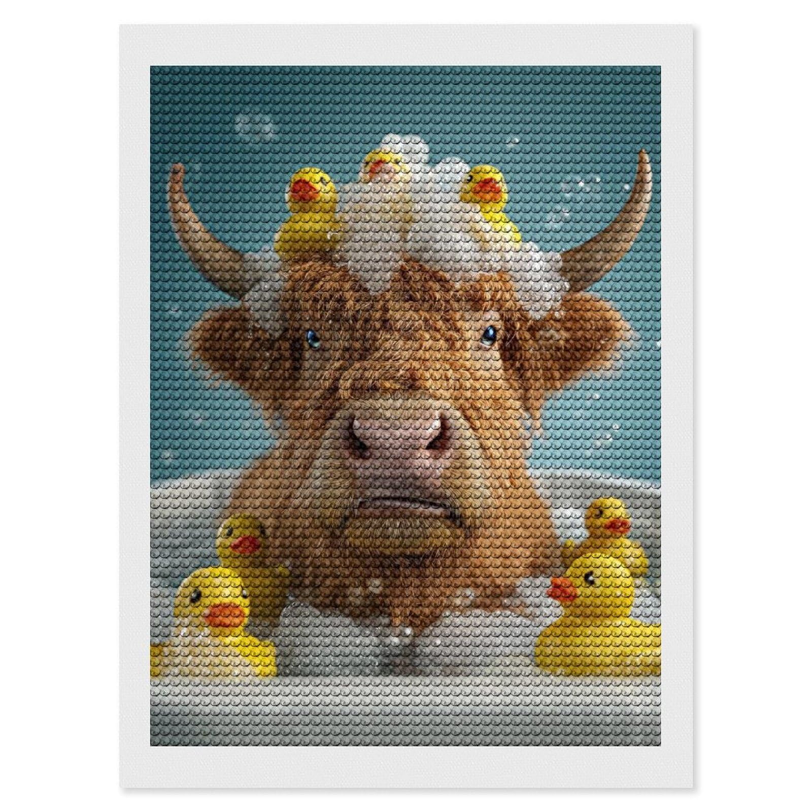 Junmoney Highland Cow Bath Time with Ducks Diamond Art Kit 12"x16", Creative Leisure Activity, Complete Accessories, Vintage Style Decor, for Women