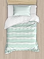 Vista 289 de Ambesonne Juego de funda de edredón color menta, líneas onduladas horizontales a rayas blancas abstractas de tonos suaves, exhibición de arte