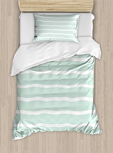 Miniatura 289 de Ambesonne Juego de funda de edredón color menta, líneas onduladas horizontales a rayas blancas abstractas de tonos suaves, exhibición de arte