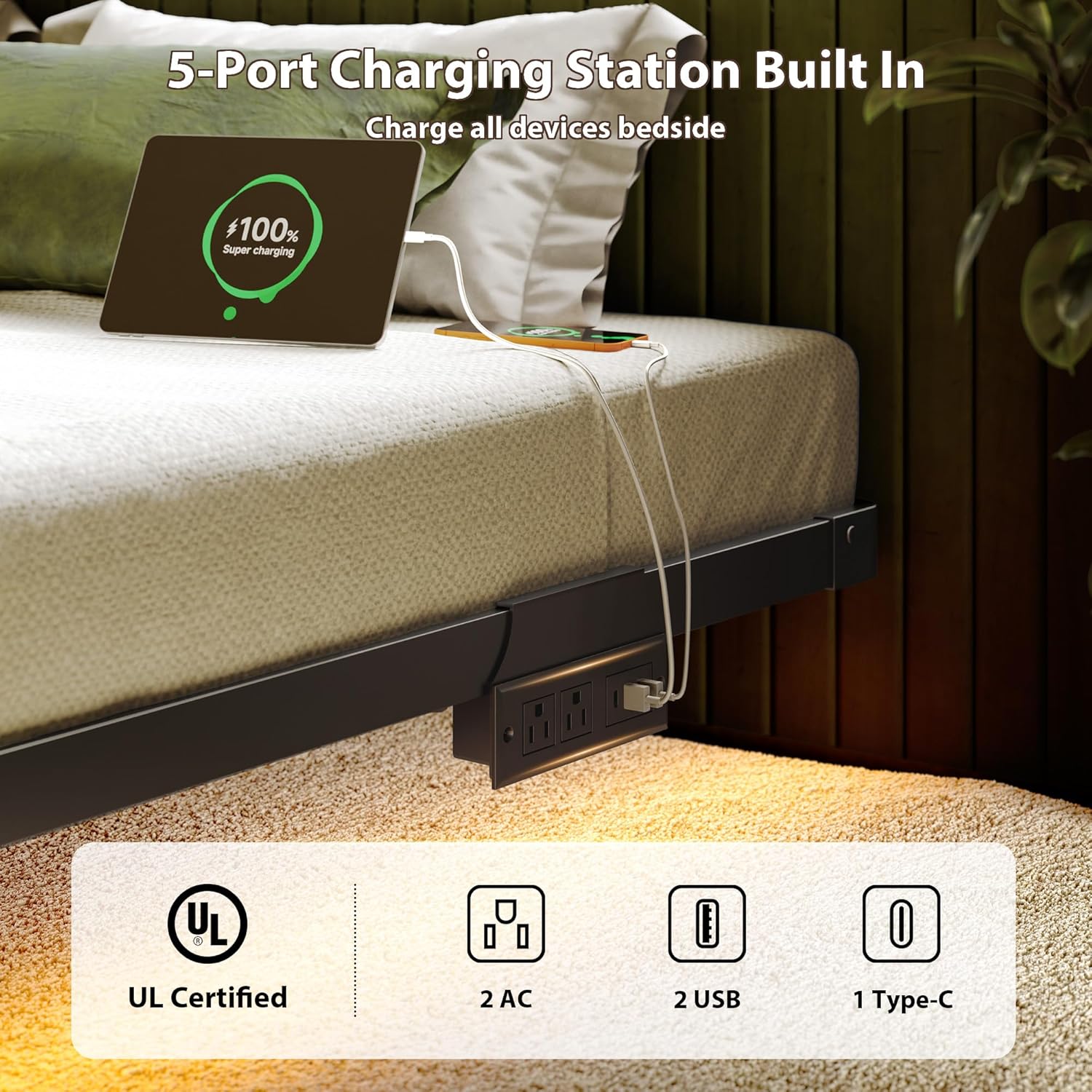 Bed Frame King Size, Floating King Bed Frame with LED Lights & Charging Station, Metal Platform Bed Frame with 2 USB & 1 Type-C Ports, Heavy Duty, Noise-Free, No Box Spring Needed, Black