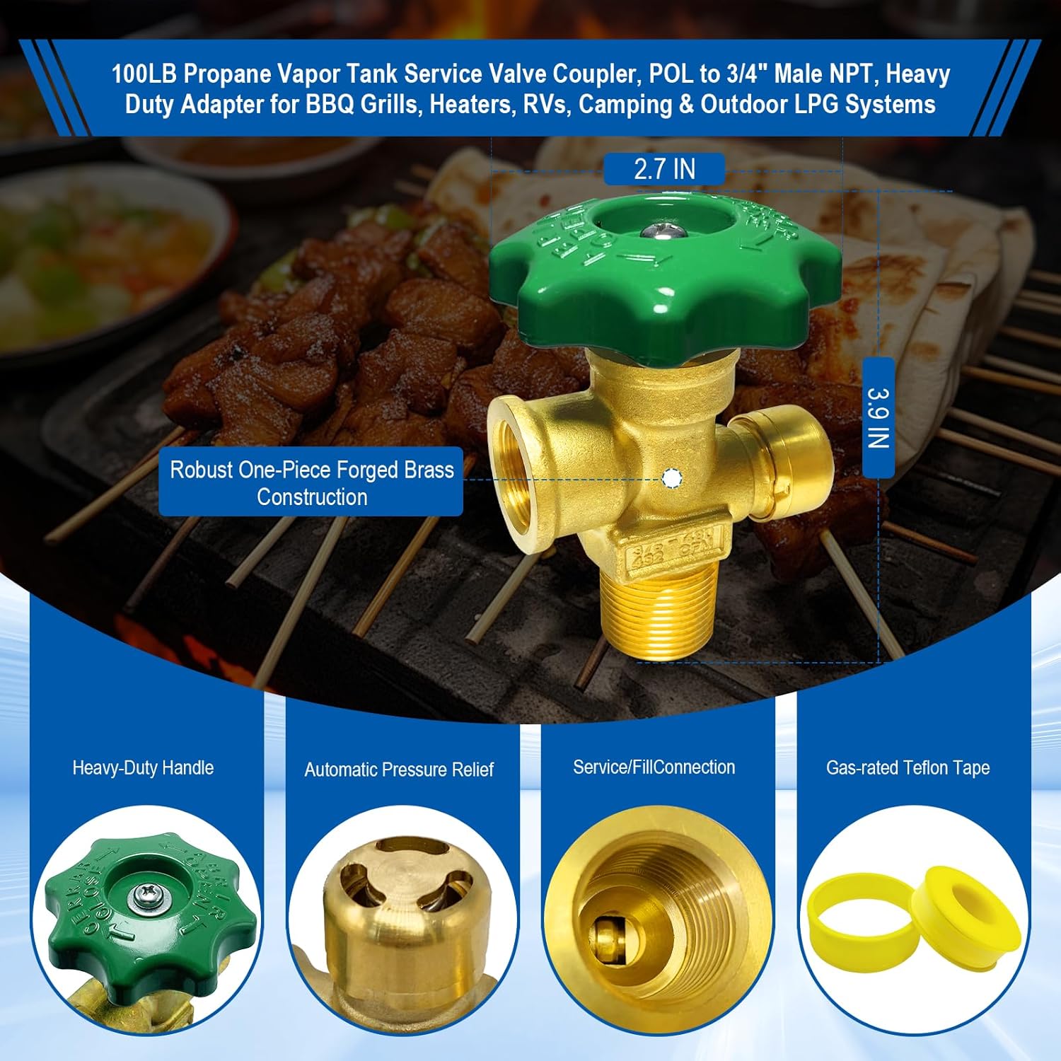 Propane Tank Valve,100LB Propane Vapor Tank Service Valve Coupler,Tank Service Valve with Automatic Bleeder Valve/POL Connection/3/4 Male NPT/Heavy Handle for Grill,RV,Fryer,Outdoor Propane Setups.