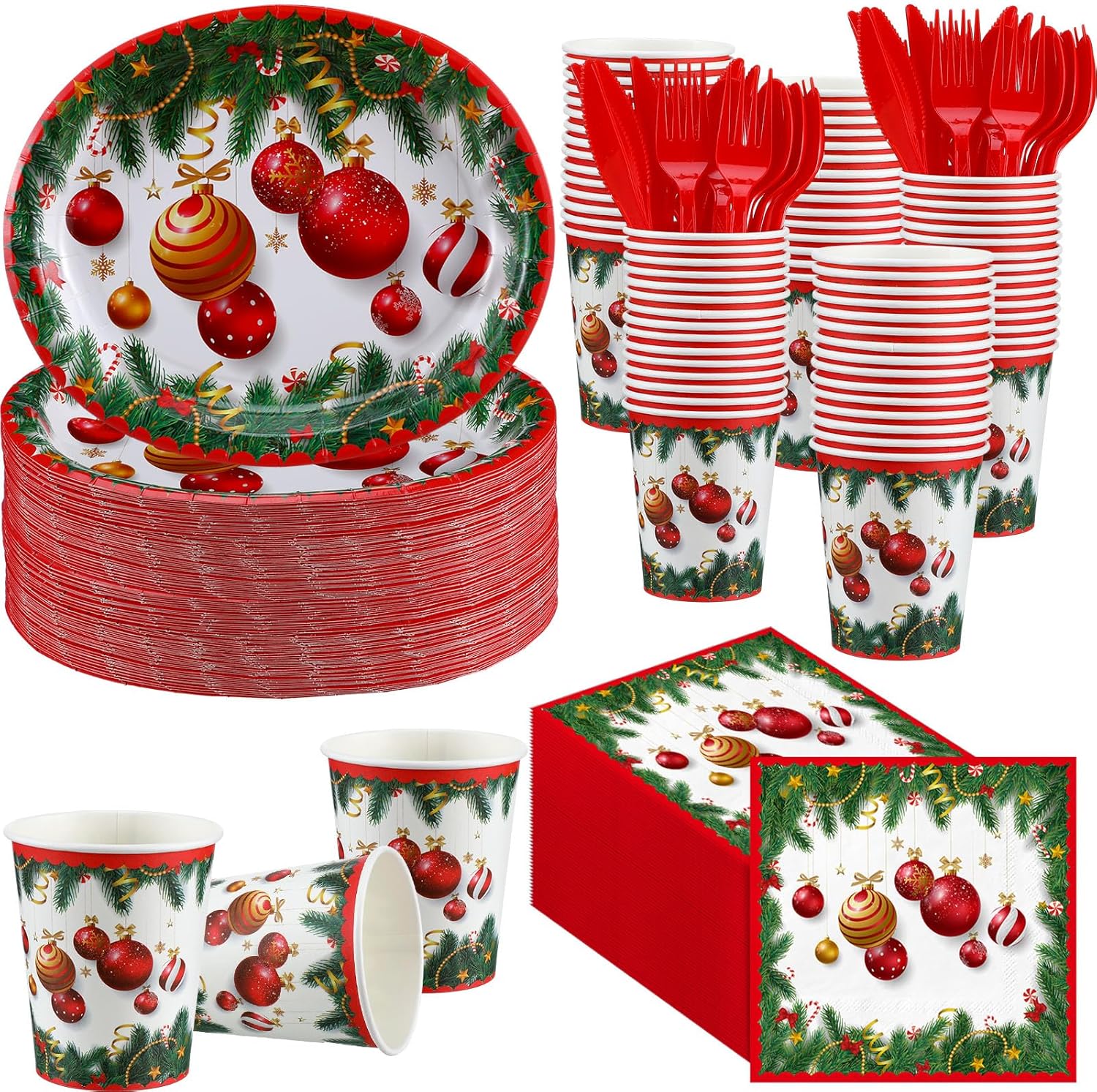 300-Piece Disposable Christmas Tableware Set: Plates, Napkins, Cups & Cutlery for 50 Guests 300-Piece Disposable Christmas Tableware Set: Plates, Napkins, Cups & Cutlery for 50 Guests