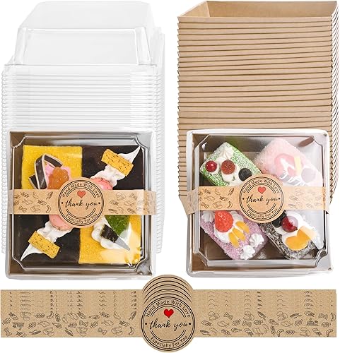 Cajas de papel para embutidos con tapas transparentes y calcomanías, 50 juegos de recipientes cuadrados desechables de 4 pulgadas, cajas de