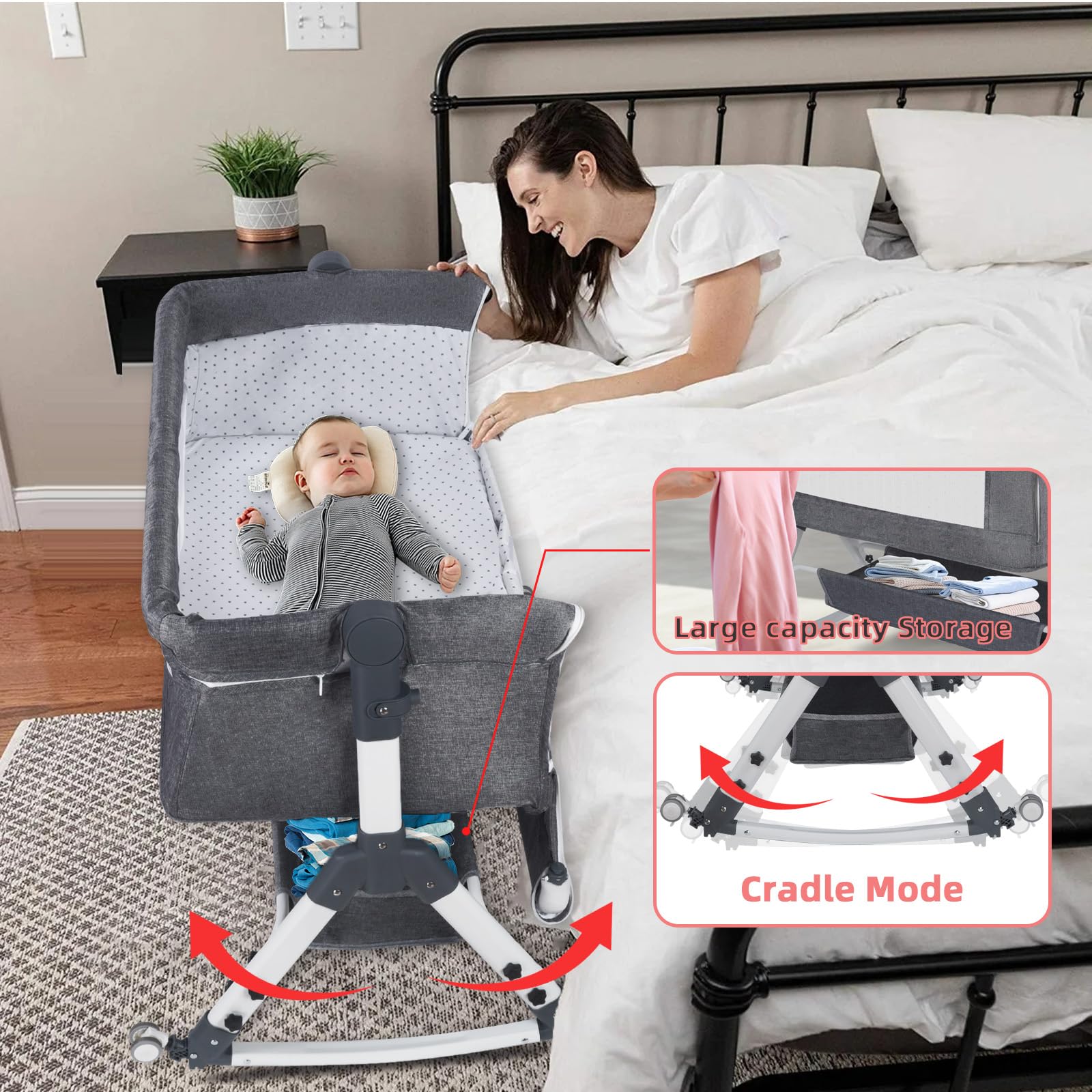 Lit Cododo Bébé Berceau Pliable et Réglable, 0-24Mois, 3 Hauteurs, Matelas Confort, Côtés en Filet, 4 Roues, Facile à Transporter (Gris foncé)