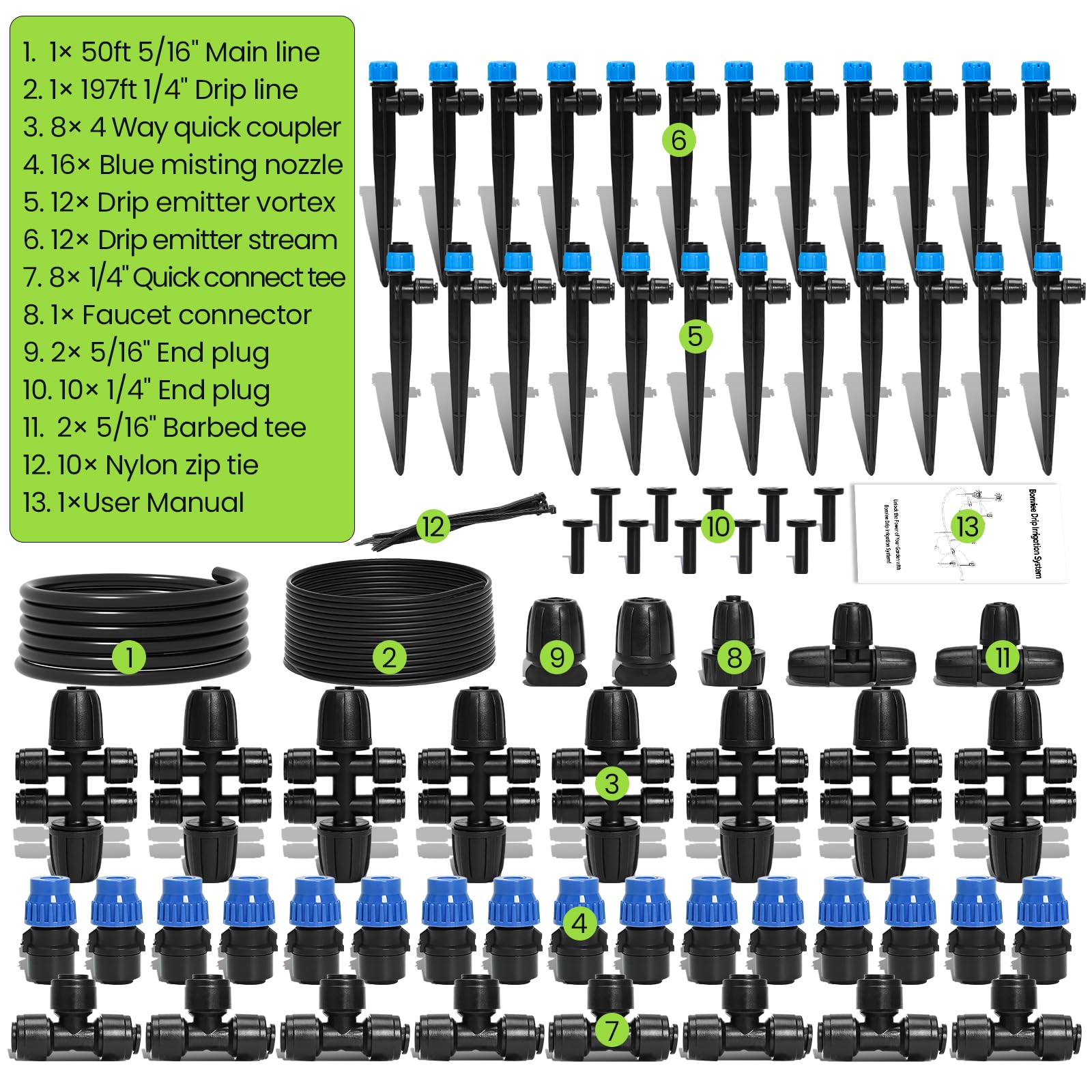Bonviee Sistema di irrigazione a goccia da 60 m, kit di irrigazione automatica da giardino con tubo a goccia da 15 m e 1,6 cm e 1/4", raccordi rapidi da collegare, emettitori di gocciolamento