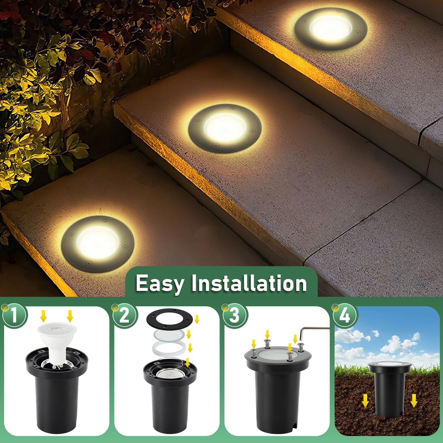 Bodeneinbaustrahler Außen 8er Set, Bodenstrahler schwenkbar | schwarze Bodenleuchten mit GU10 Fassung, IP67, 4000K Neutralweiß, wasserdicht für Gartenbeleuchtung und Gehwegbeleuchtung