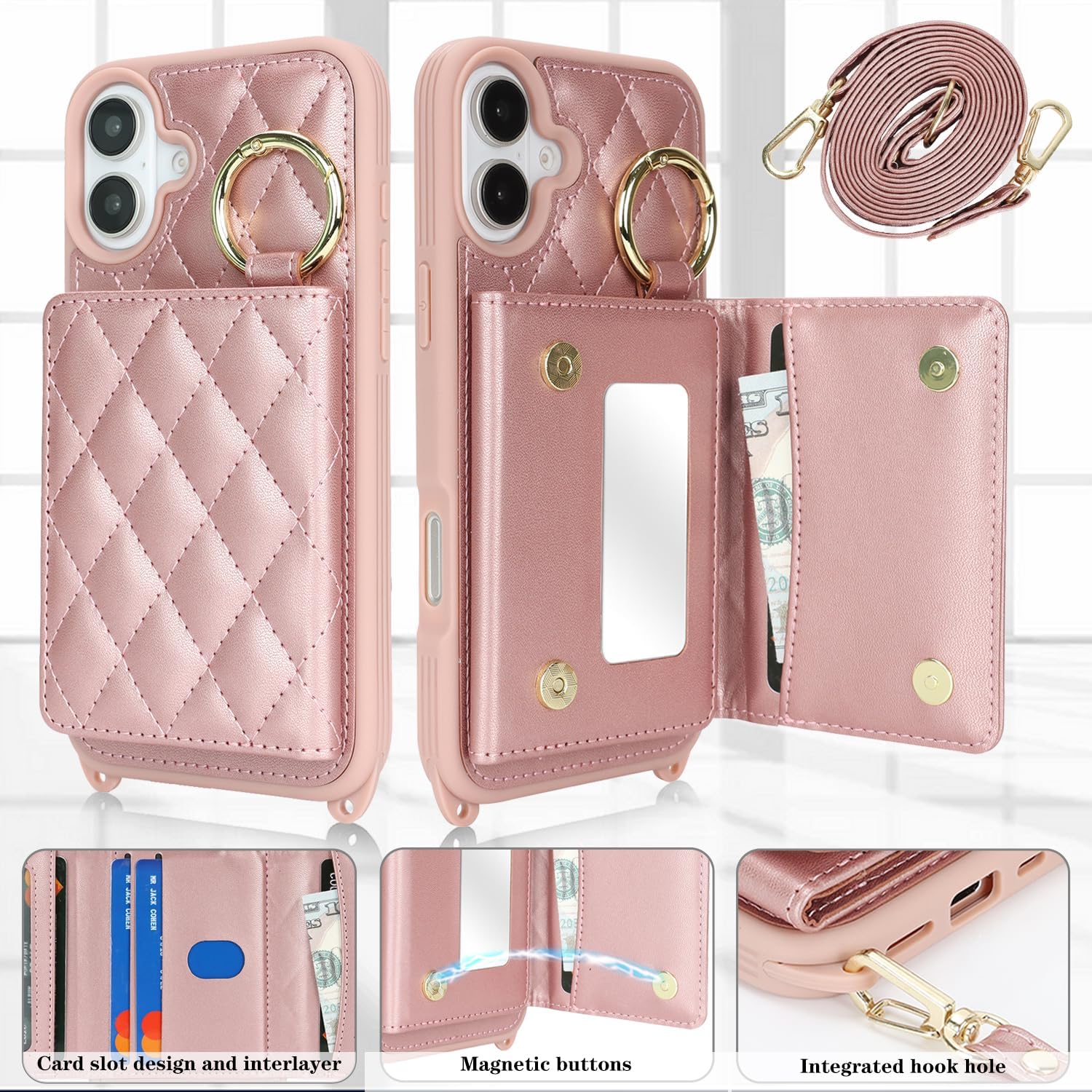for iPhone 16 Plus Case with Card Holder and Strap for Women,Crossbody Lanyard, Make Up Mirror,Ring Stand,Snap Clasp,Cute Phone Wallet Cases 6.7 inch - Dark Rose Gold