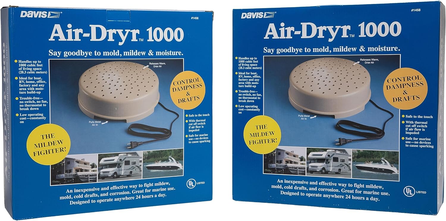 Davis Instruments Air-Dryr 1000 Dehumidifier Bundle (2 Pack) Quiet Boat Dehumidifier for Moisture Problems and Wet Air Solution - Portable Space Heater for RV or Campers - Compact Electric Boat Heater