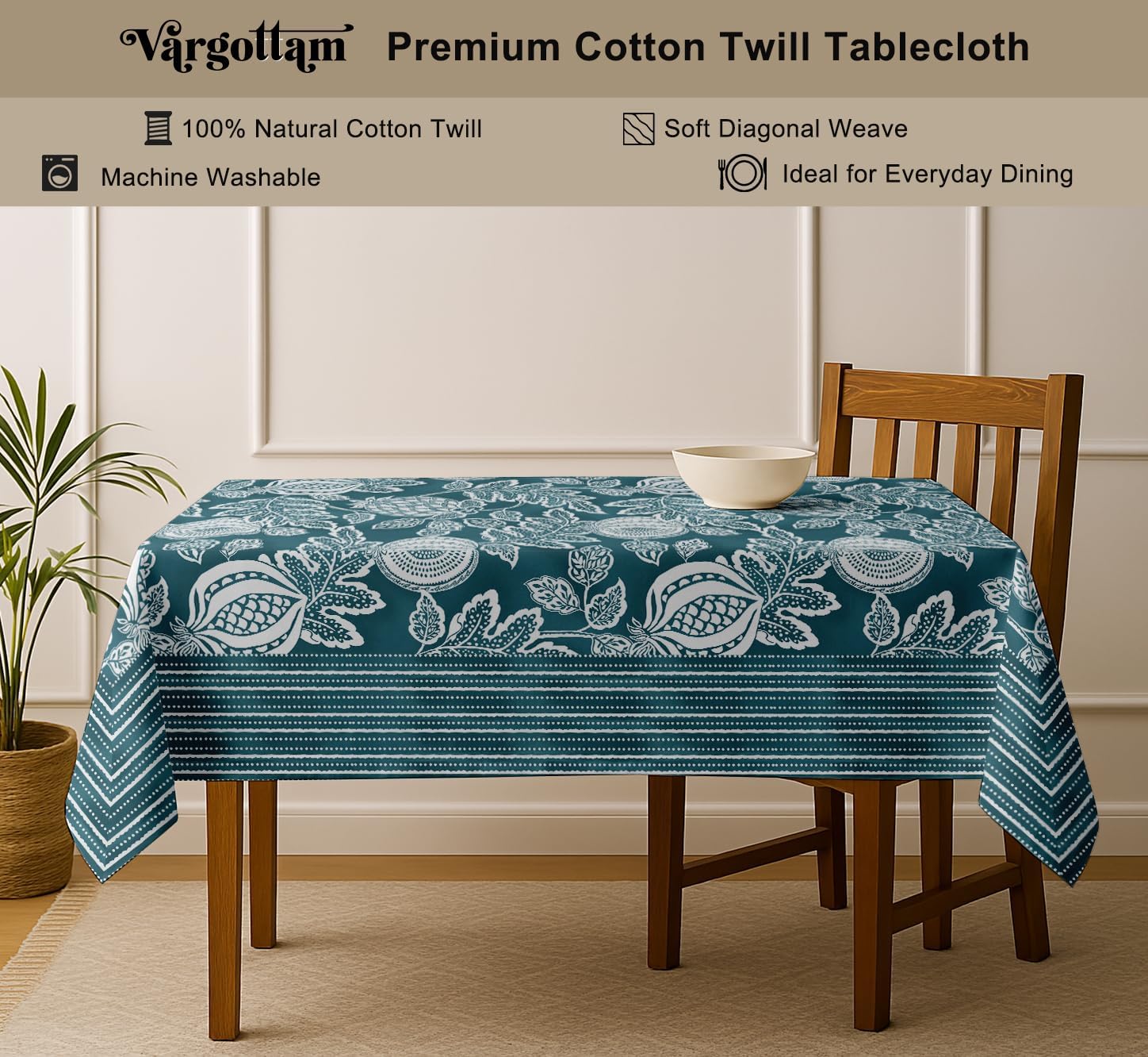 Leaves Design Tablecloth- Green 60x60 Inch Cotton Twill Dining Table Cover, Perfect for 4 Seater Tables, Durable, Protective & Washable, Ideal for Everyday Use, Festive Occasions & Gathering