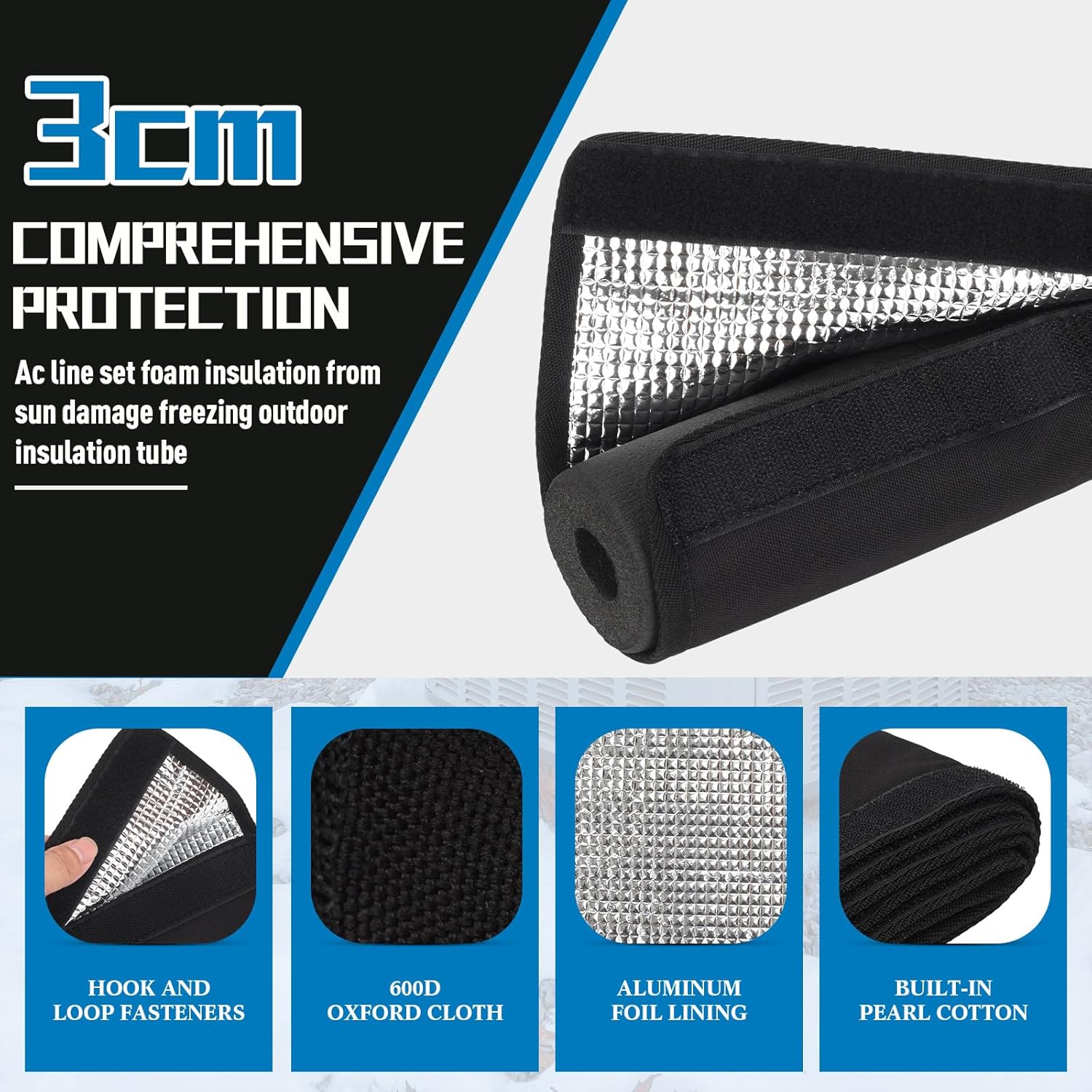 3 Layers HVAC Copper Pipe Insulation Cover, AC Hose Insulation Sleeve, for Central Air Conditioning Mini Splits, (72 x 10.2 Inch) 600D Oxford, Comes with Storage Bag