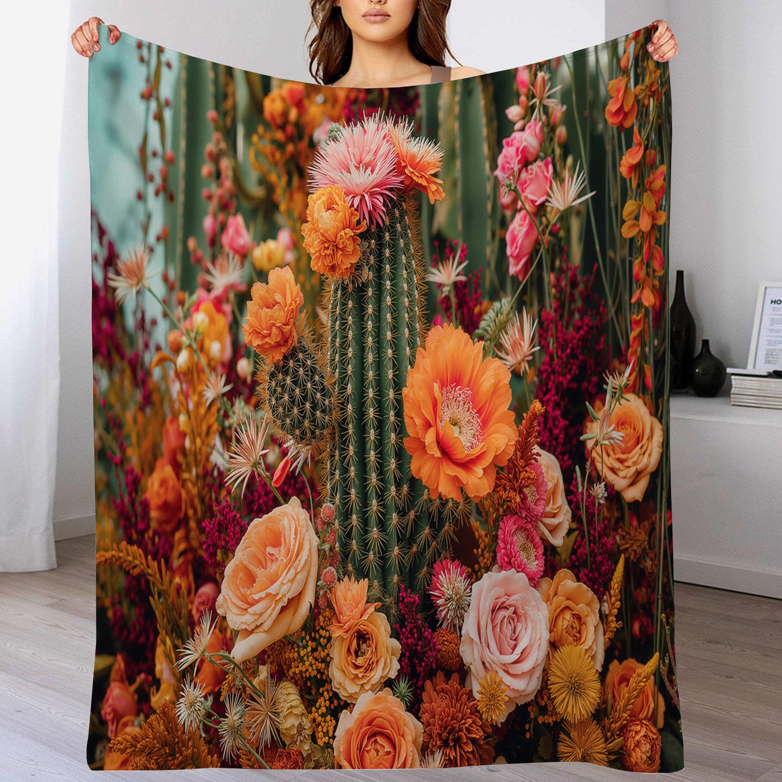 Manta Fotografía De Flores Franela de Suave, Manta Vistoso con Estampado Cactus Rosas Margaritas Suave y Acogedora, para Niños y Adultos Cama Sofá Sillón Viajes 220x240 cm