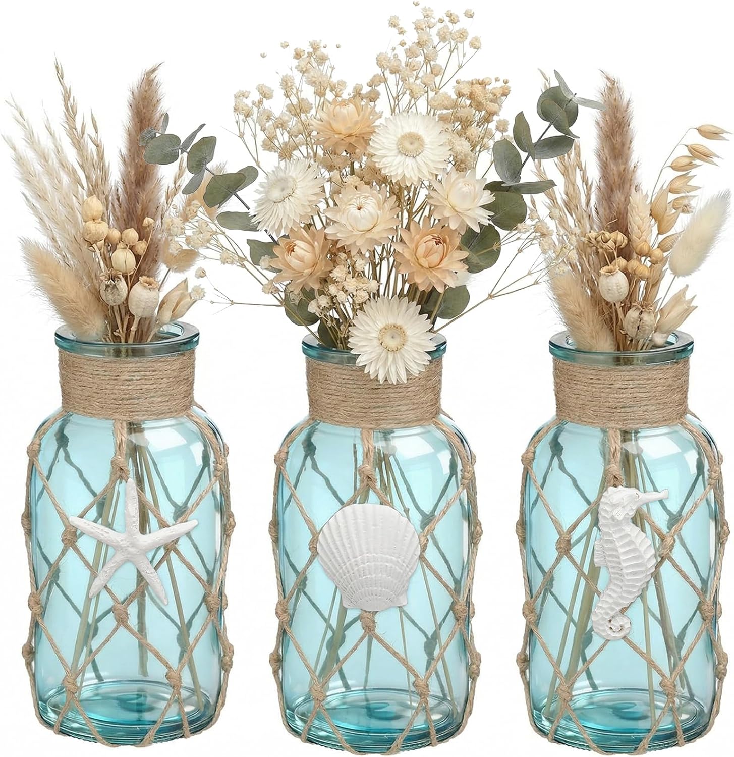 SiliFine Set of 3 Coastal Glass Vases Starfish Shell Crafts Decor Beach Flowers Vases with Boho Rope Small Nautical Sea Glass Jar Coastal Table Centerpieces for Holiday Wedding Home Decorations