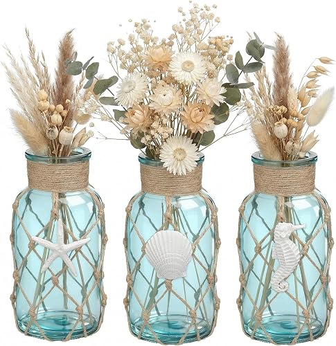 SiliFine Set of 3 Coastal Glass Vases Starfish Shell Crafts Decor Beach Flowers Vases with Boho Rope Small Nautical Sea Glass Jar Coastal Table Centerpieces for Holiday Wedding Home Decorations