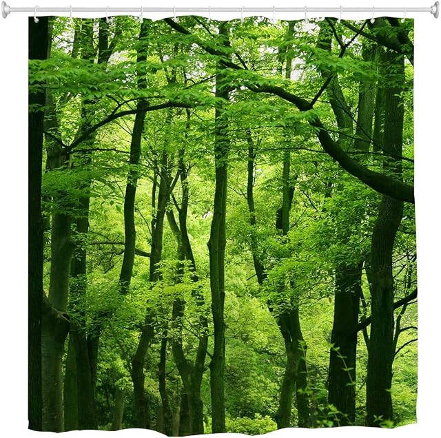 goodbath Green Forest Waterproof Fabric Bathroom Shower Curtain Set with Hooks, 72W by 72H